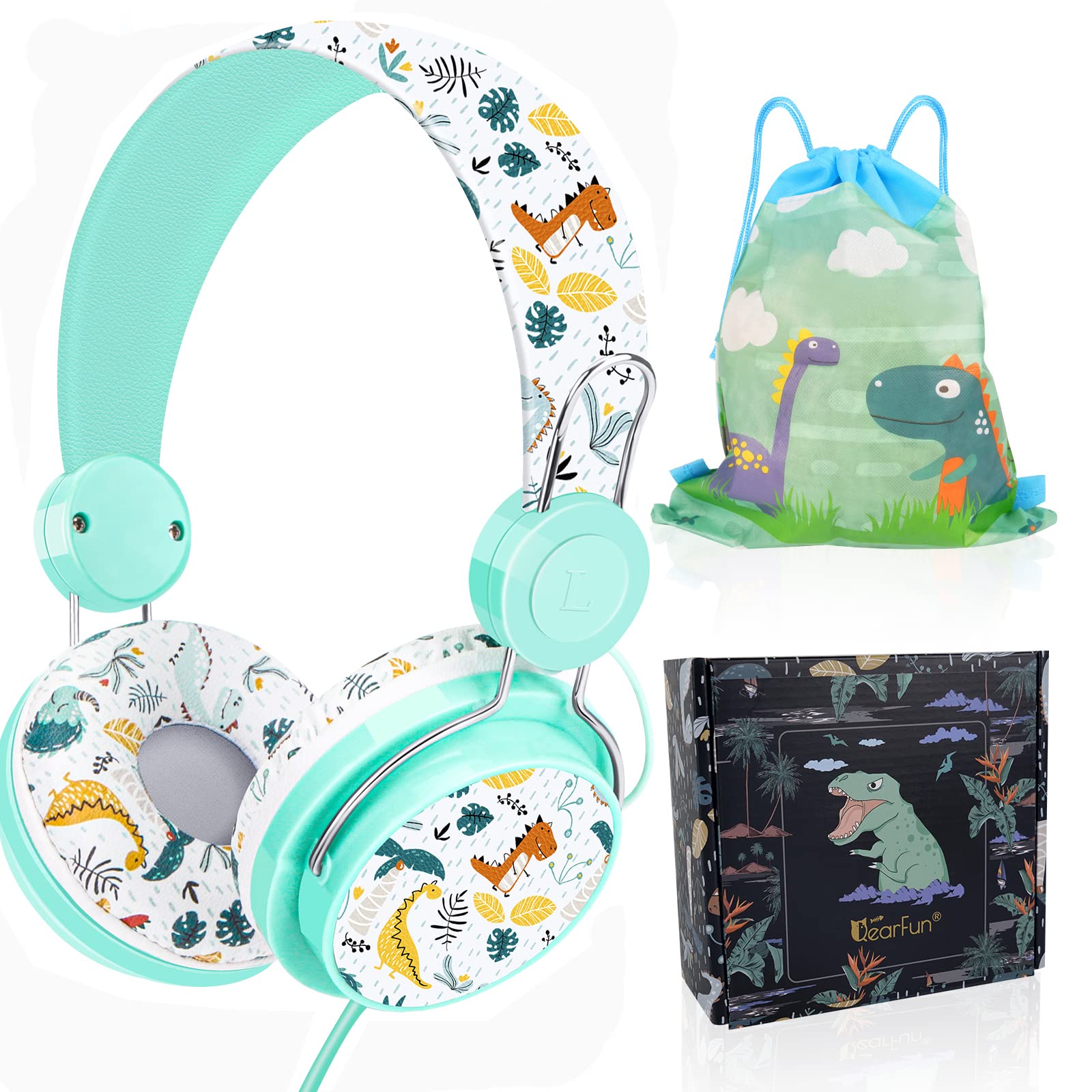 Kids Headphones with Microphone - Adjustable Over-Ear Unicorn Headphones for Girls & Boys, Wired Toddler Headphones for School, Travel, iPad, Kindle & Fire Tablet - Green Cute Design for Learning & Entertainment