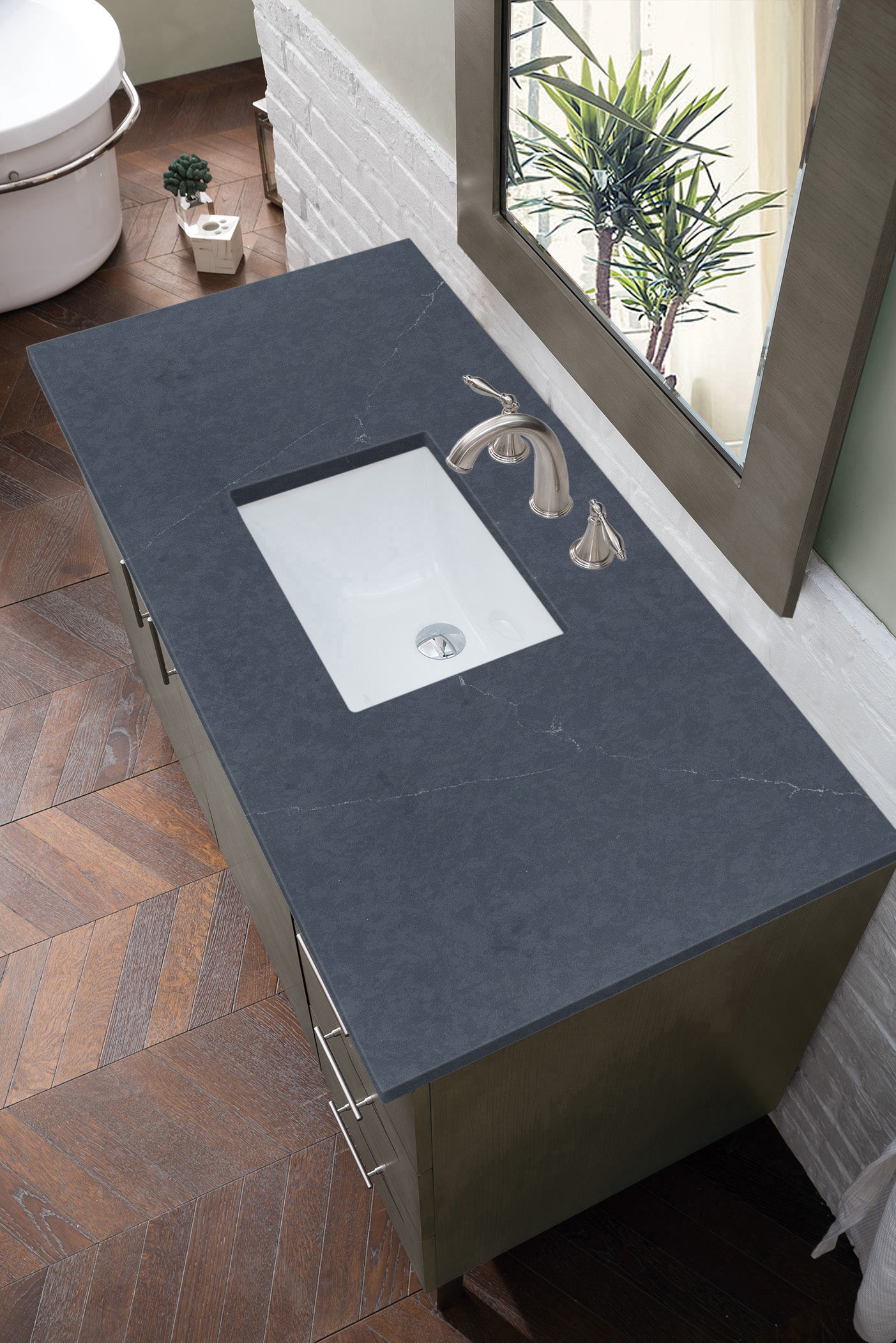 Metropolitan 48 Inch Single Bathroom Vanity with Sink - Silver Oak Finish & 3CM Charcoal Soapstone Quartz Countertop | Modern Bathroom Decor for Small Spaces & Master Bathrooms