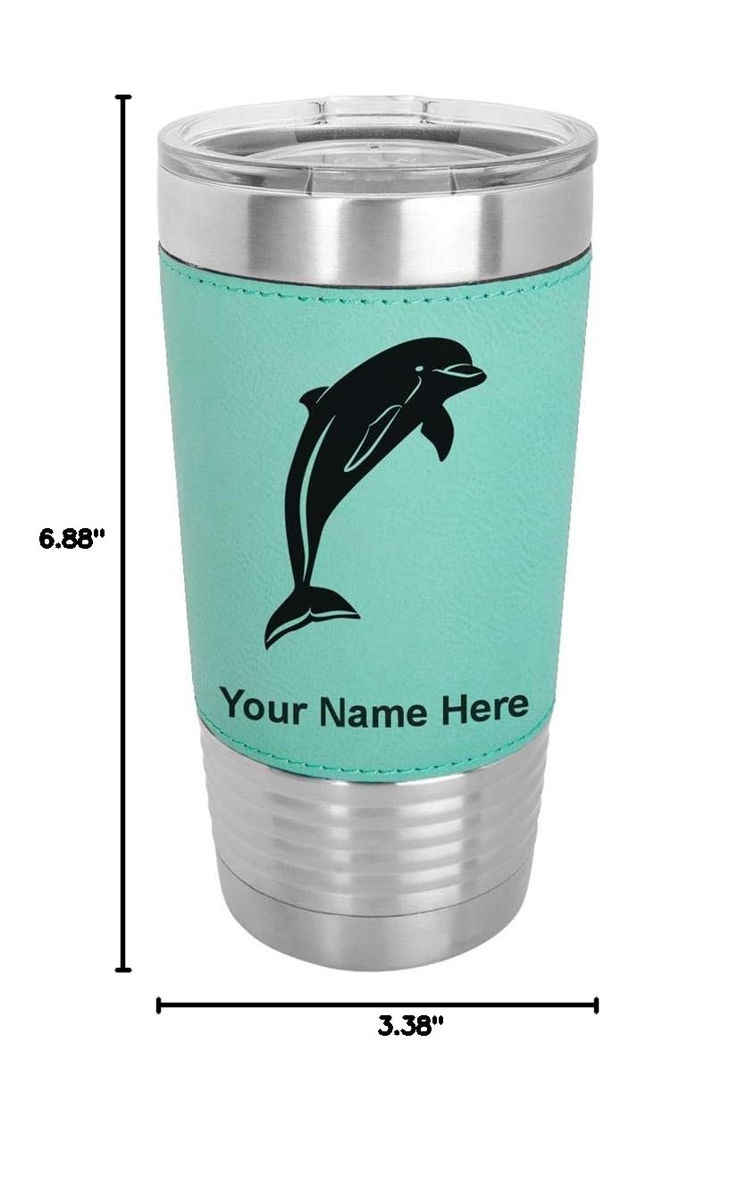 LaserGram 20oz Vacuum Insulated Stainless Steel Tumbler Mug with Personalized Engraving - Leakproof Travel Coffee Cup with Faux Leather Handle, Teal Dolphin Design - Perfect for Office, Gym, Hiking & Outdoor Activities
