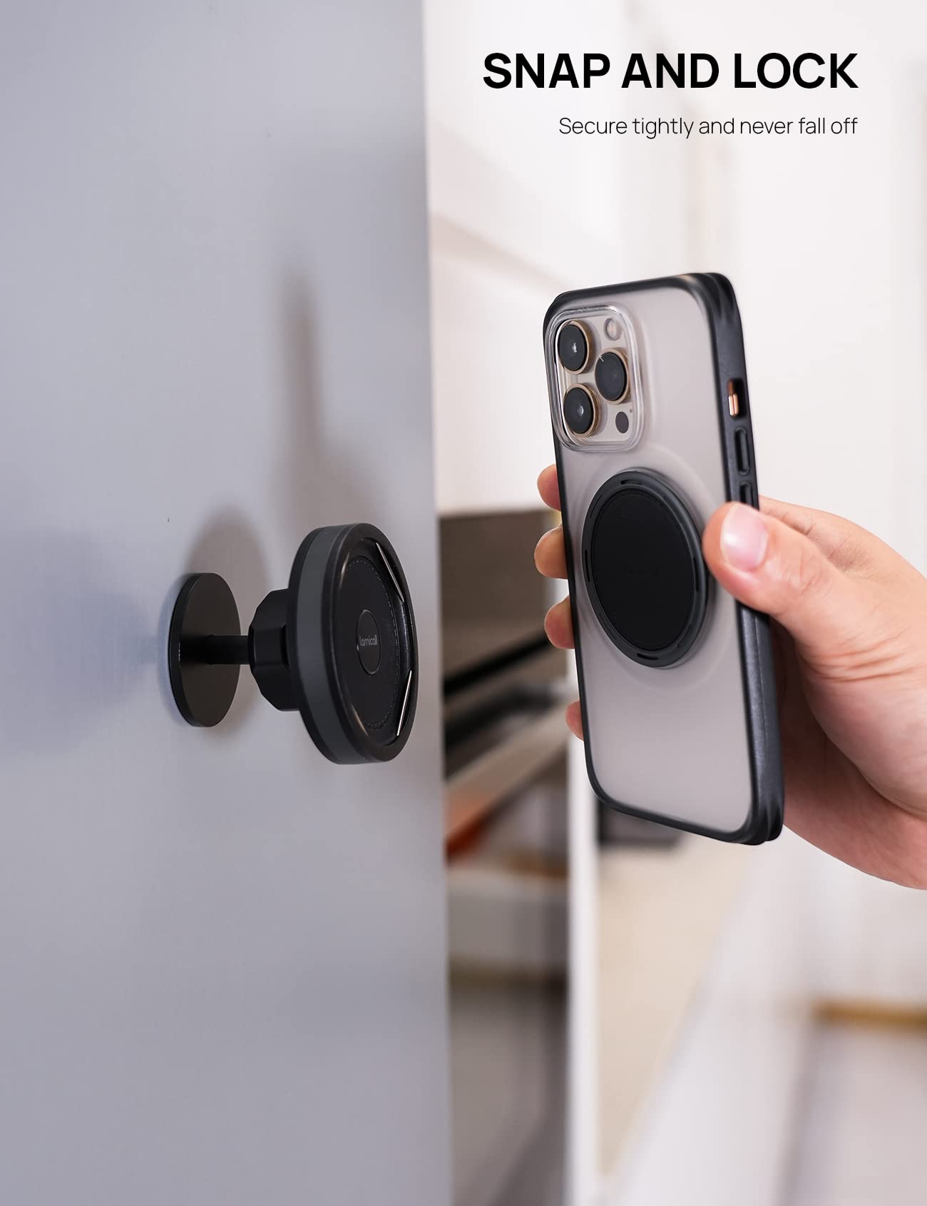 Lamicall Universal Phone Mount with 3M VHB Adhesive - Secure Wall Mount for iPhone & Smartphones (Black) - Portrait & Landscape Viewing - Perfect for Kitchen, Bathroom & Office Use