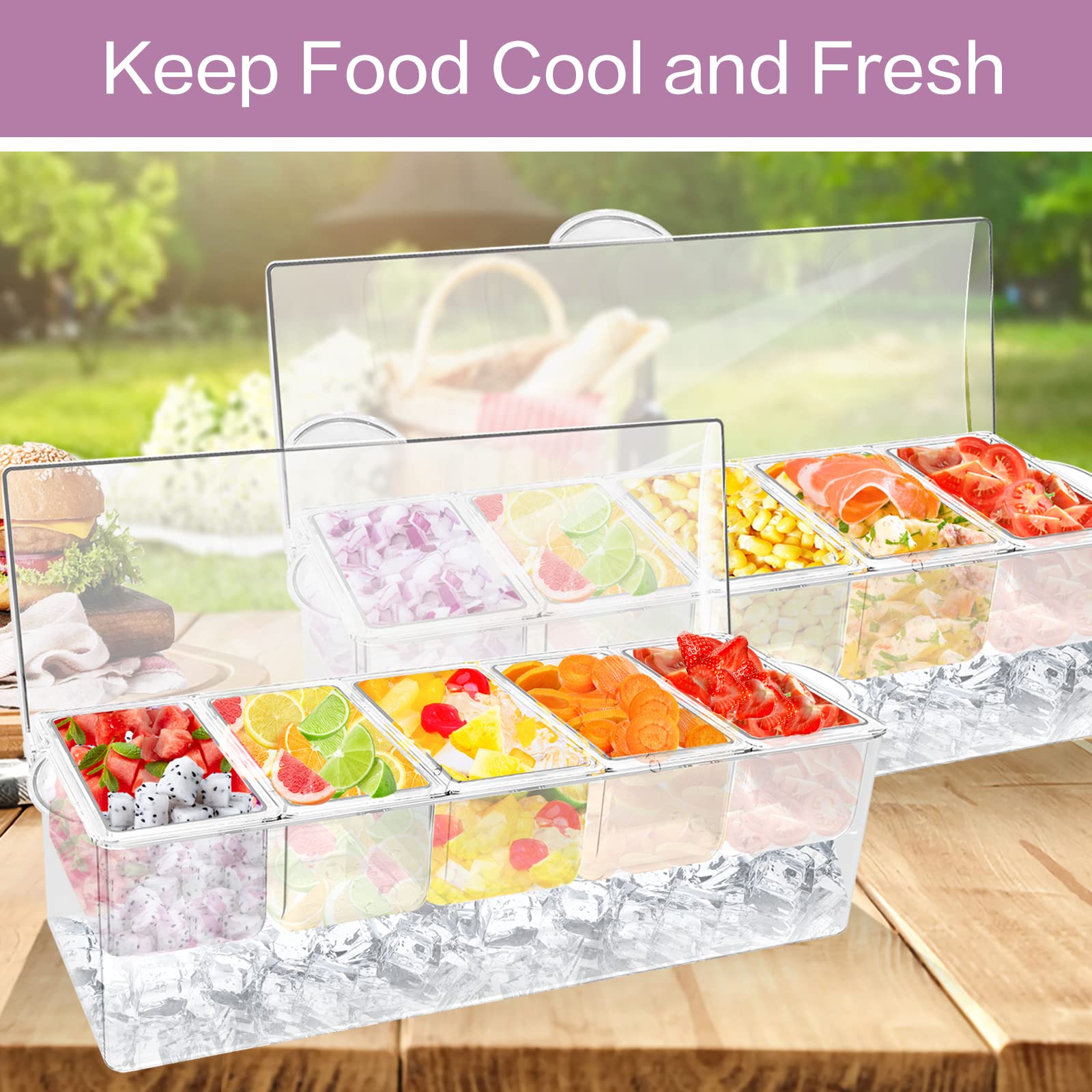 5-Compartment Condiment Server with Lid - Clear Ice Chilled Serving Tray for Parties, BBQs & Entertaining - Includes 5 Spoons, 5 Fruit Forks & 2 Tongs - Perfect for Dips, Sauces & Chilled Desserts