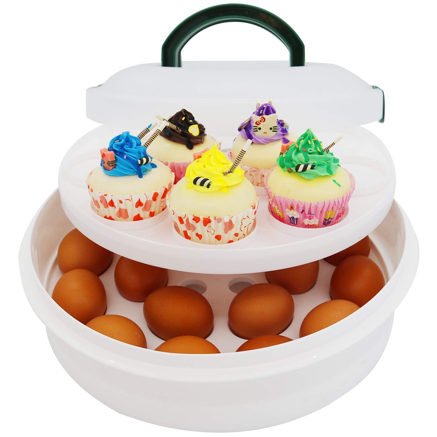 10 Inch Portable 3-in-1 Round Cupcake Carrier with Lid - Egg Tray, Muffin & Cookie Holder - Food Safe BPA-Free Baking Container for Parties, Picnics & Potlucks (Green)