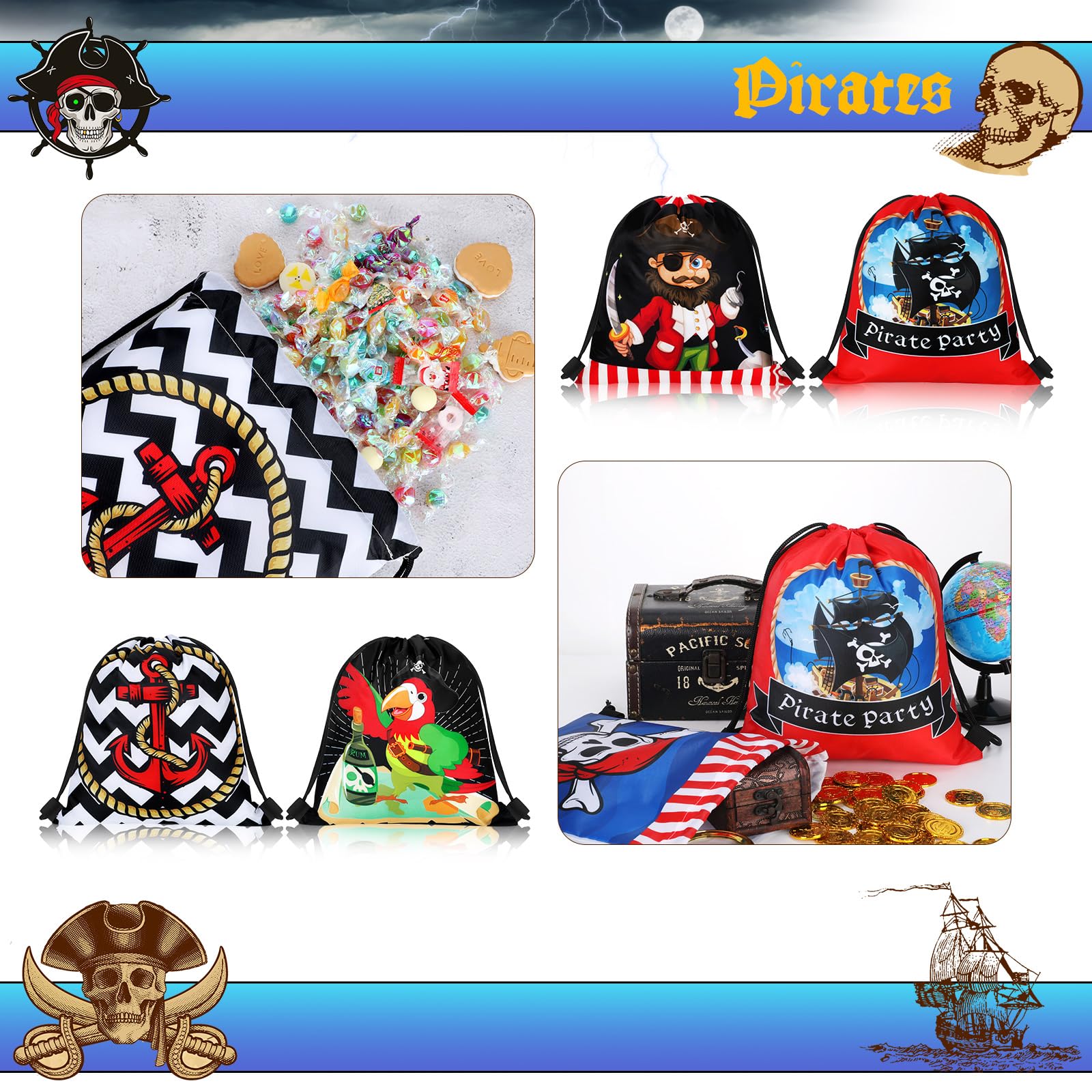 16Pcs Pirate Party Favor Bags for Kids - Halloween & Birthday Supplies for Adventure Themed Decor