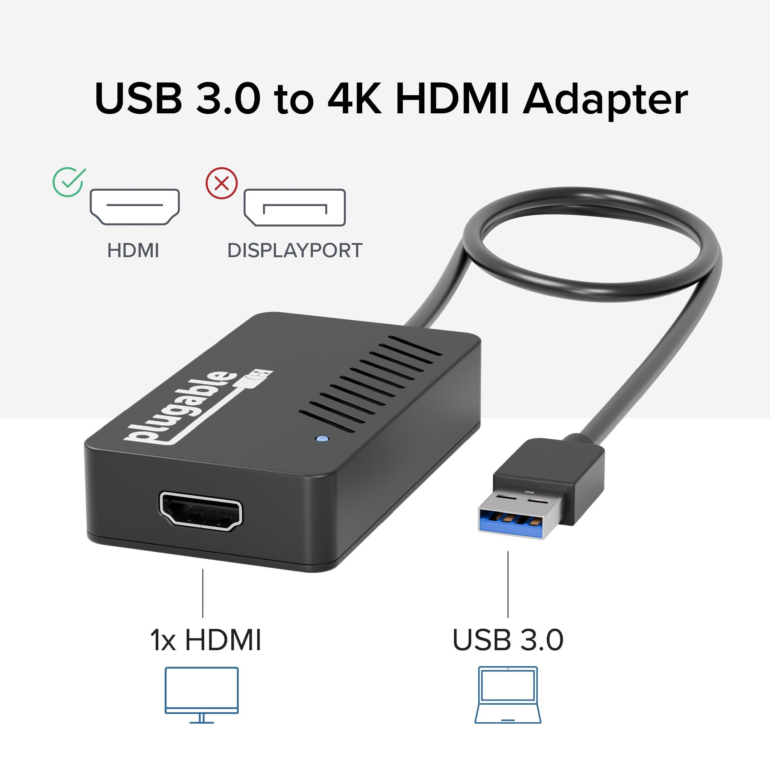 Plugable USB 3.0 to HDMI 4K Adapter - Dual Monitor Display Converter for Laptop & PC - Perfect for Home Office, Gaming & Multi-Tasking