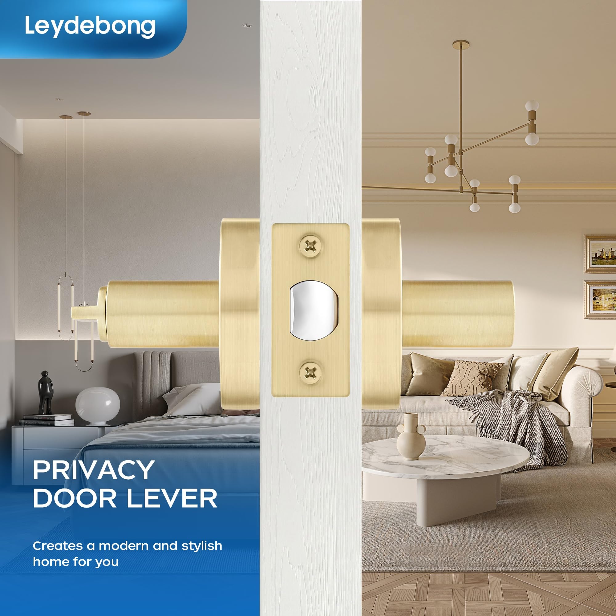 Leydebong 4 Pack Gold Privacy Door Handles - Bed & Bath Lever Door Locks (Left/Right Handed) in Satin Brass Finish - Perfect for Bedrooms, Bathrooms & Interior Doors