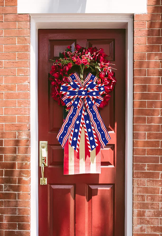 ALIBBON Patriotic Wreath Bows - Red White Blue 4th of July Decor for Doors