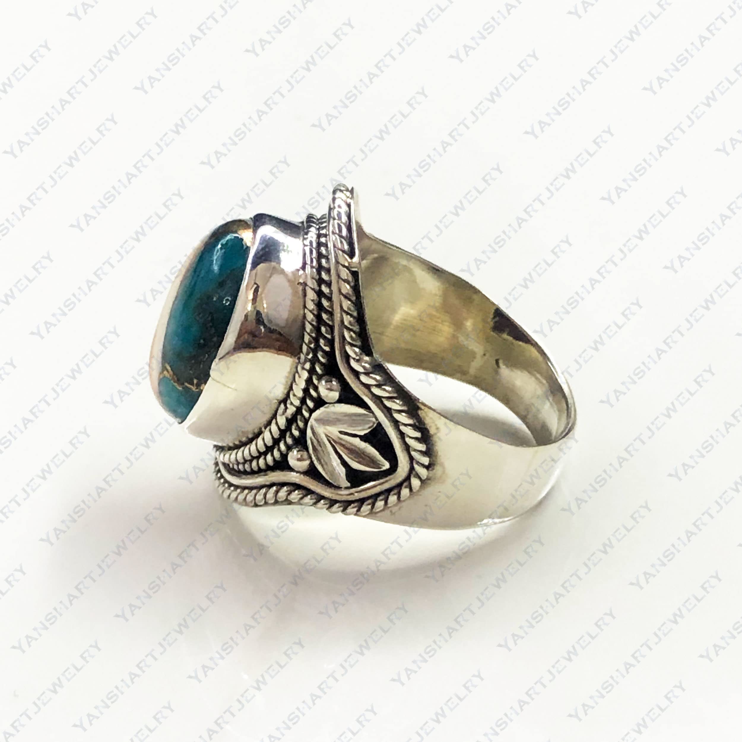 Handmade 925 Sterling Silver Natural Turquoise Ring - Oval Oyster Copper Turquoise December Birthstone Jewelry for Women - Perfect Promise Ring, Wedding Band & Gift for Anniversary, Valentine's Day