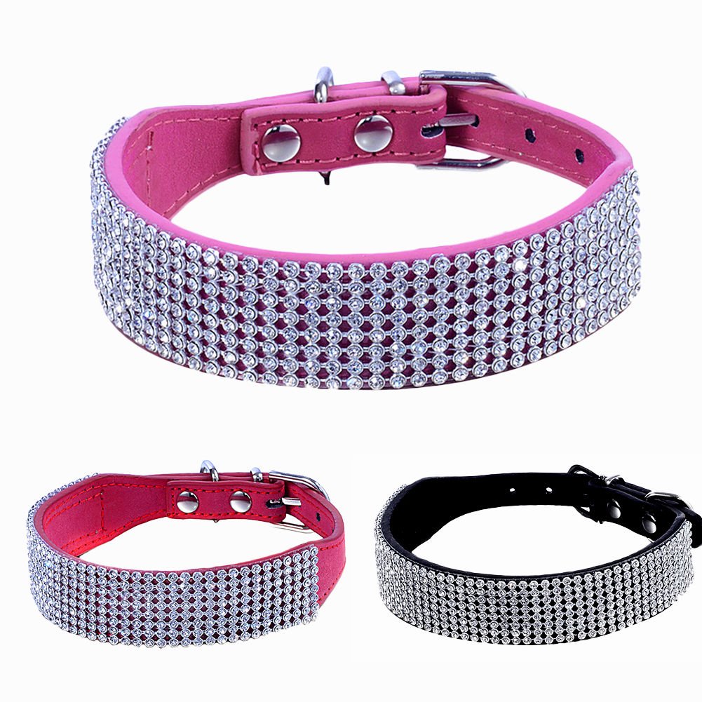 Sparkling Rhinestone Dog Collar with Suede Leather - Bling Crystal Diamond Pet Collar for Small Dogs & Cats (10.6-13inch, Hot Pink) - Perfect for Parties, Weddings & Special Occasions