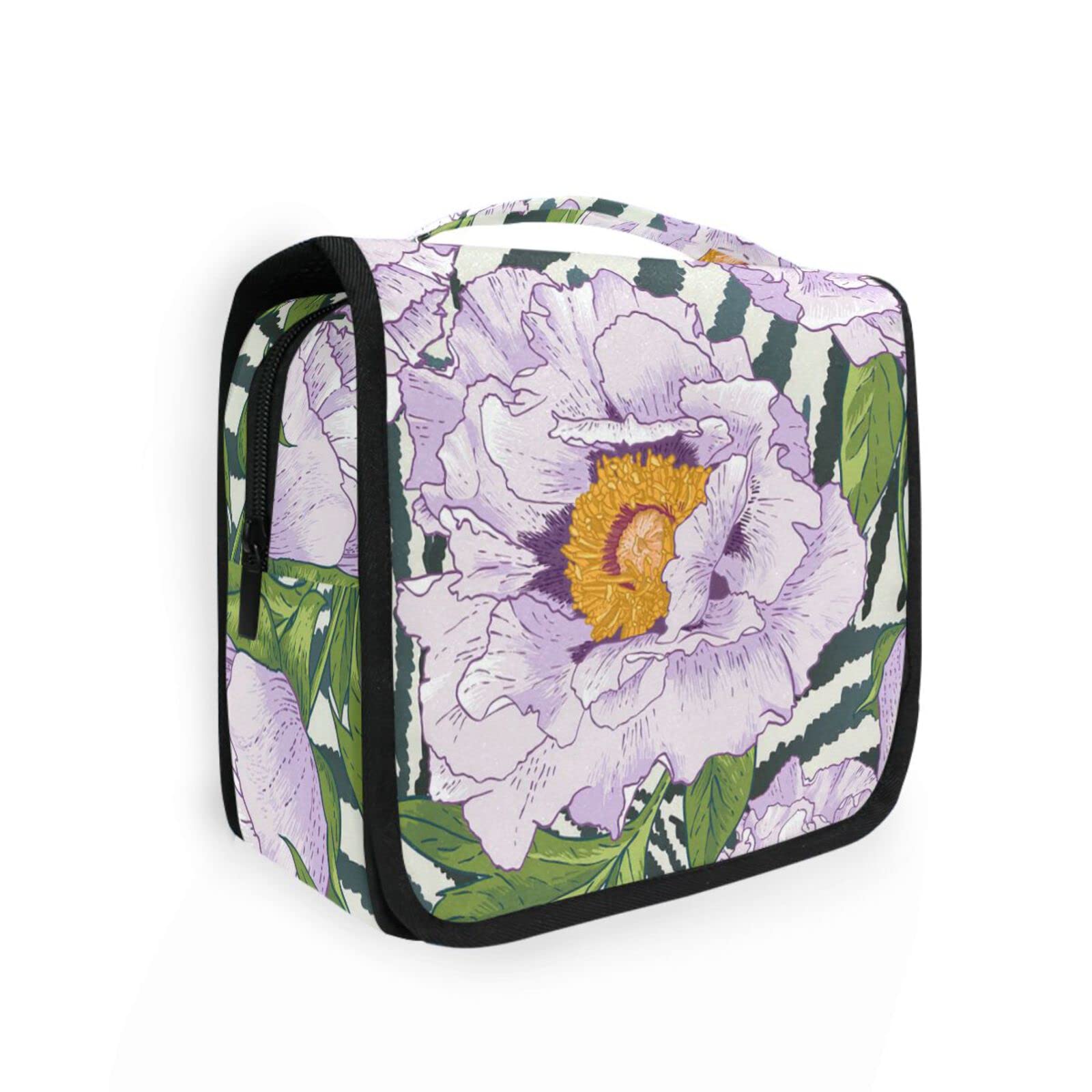 CHIFIGNO Purple Floral Green Leaves Hanging Toiletry Bag - Travel Makeup Organizer for Women | Portable Cosmetic Case for Bathroom, Gym & Vacation
