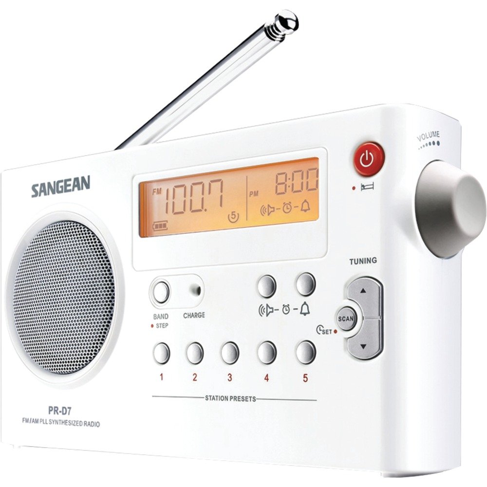 Sangean PR-D7 Digital AM/FM Portable Radio with Built-in Rechargeable Battery - Compact White Design for Outdoor Camping, Emergency Preparedness & Home Use