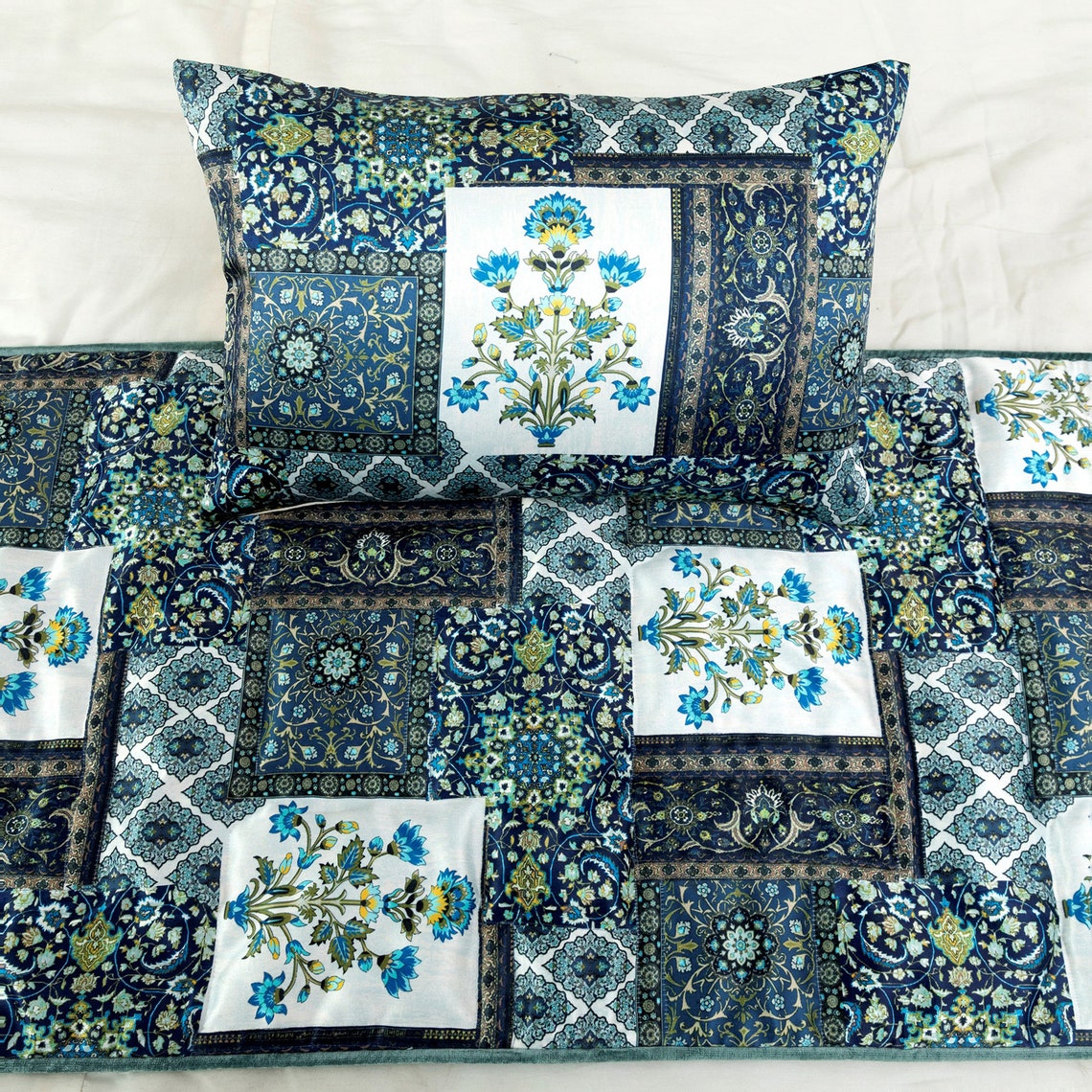 Bahar Satin Blue Decorative Bed Runner and Pillow Cover Set - Luxury Bedding Accent for Master Bedroom, Guest Room & Home Decor