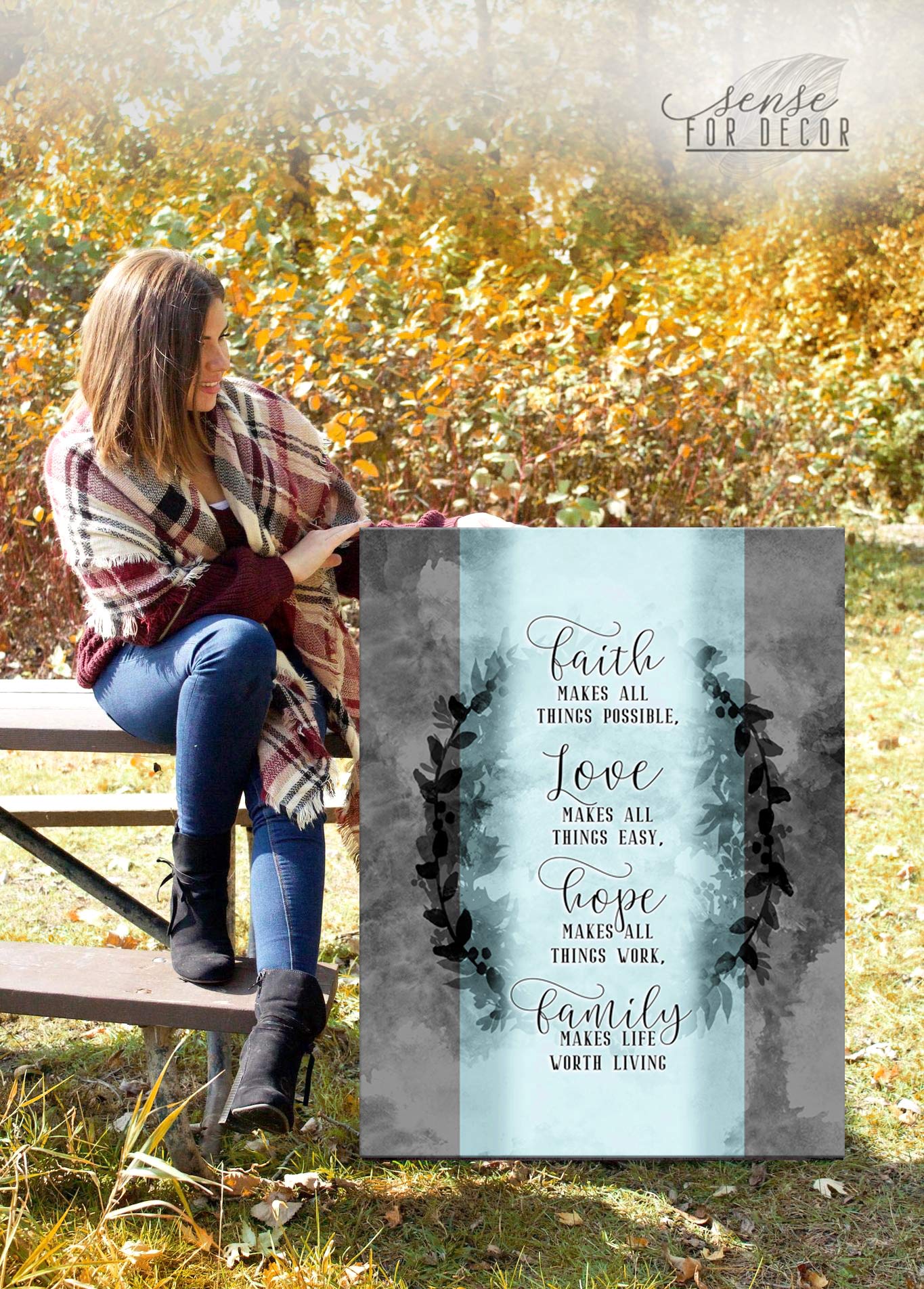 Faith Makes All Things Possible - Motivational & Inspirational Christian Wall Art Canvas Print, Positive Quote Home Decor for Living Room, Bedroom, Office (30x40 Inch, Light Teal)