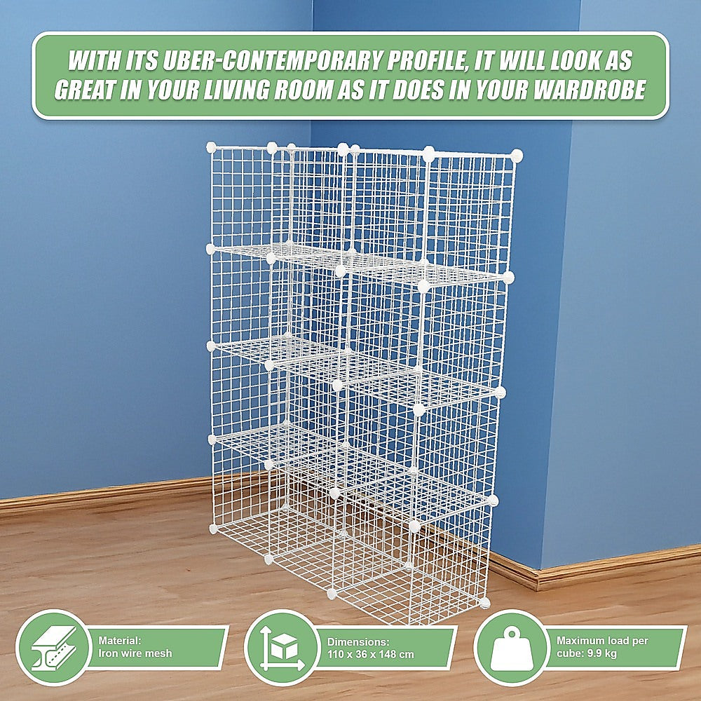 12 Cube Wire Grid Organizer Bookcase - White Storage Cabinet for Wardrobe, Closet & Home Organization | Perfect for Bedroom, Office & Living Room Storage Solutions