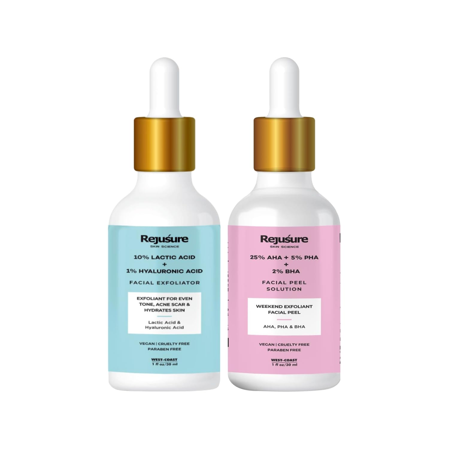 Rejusure AHA 25% + PHA 5% + BHA 2% Facial Peeling Solution & Lactic Acid 10% + Hyaluronic Acid 1% Exfoliator Set (30ml Each) - Professional Chemical Peel for Acne, Wrinkles & Dark Spots | At-Home Spa Treatment for Glowing Skin