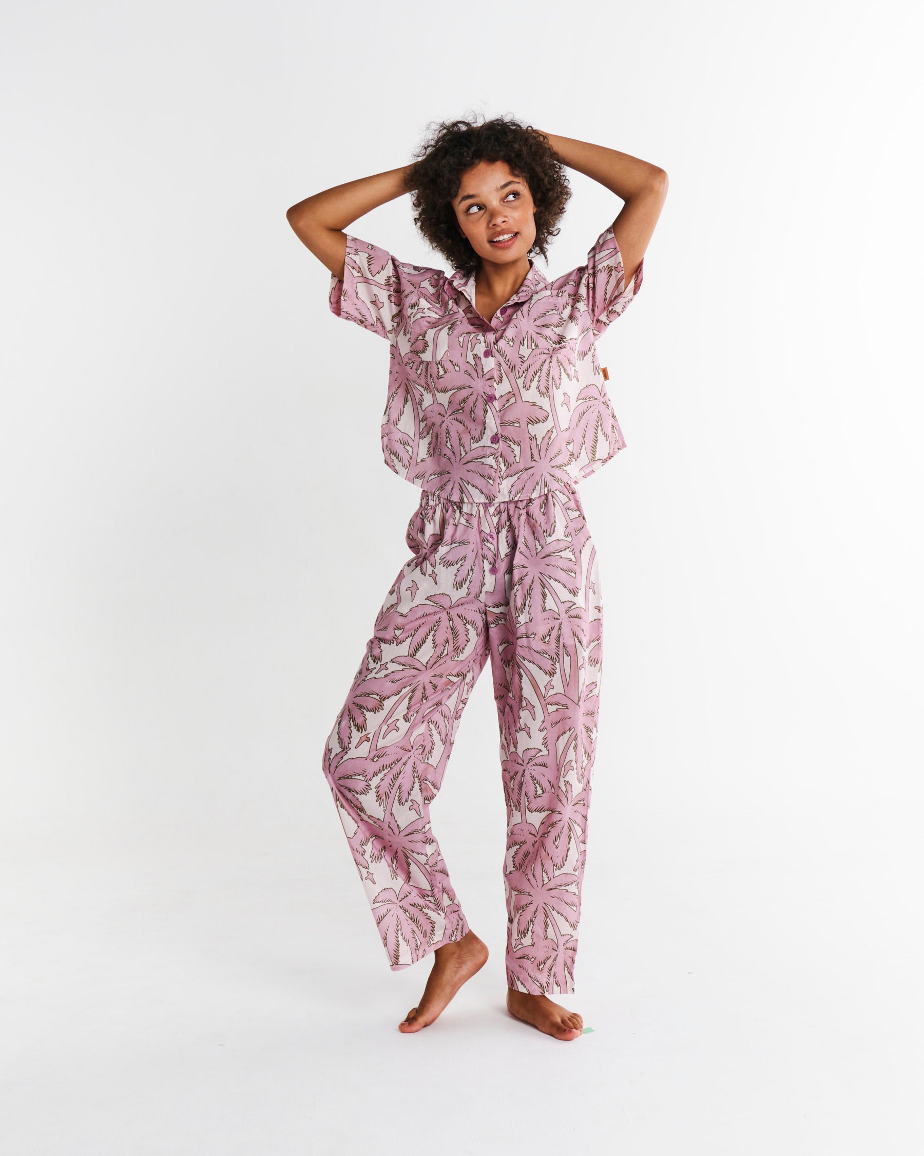 Balmy Palmy Organic Cotton Short Sleeve Shirt & Pant Pajama Set for Women - Soft & Breathable Sleepwear for Comfortable Nights & Lounging