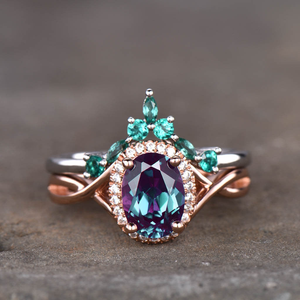 Infinity Alexandrite Engagement Ring Set with Lab-Grown Emerald Curved Matching Band - 2 Piece Bridal Jewelry Set for Weddings, Anniversaries & Special Occasions