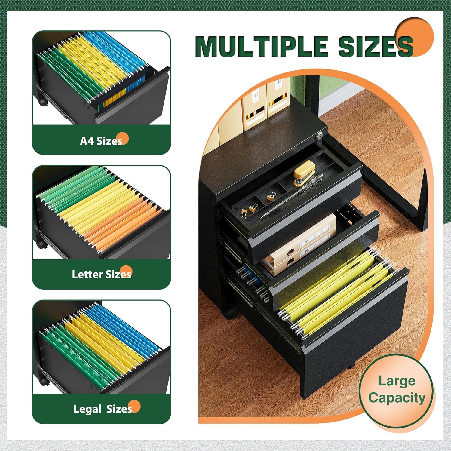 3 Drawer Mobile File Cabinet with Lock - Under Desk Metal Filing Cabinet for Home & Office - Organize Letters, Legal & A4 Documents (Fully Assembled, Black) - Perfect for Small Spaces & Office Storage Solutions