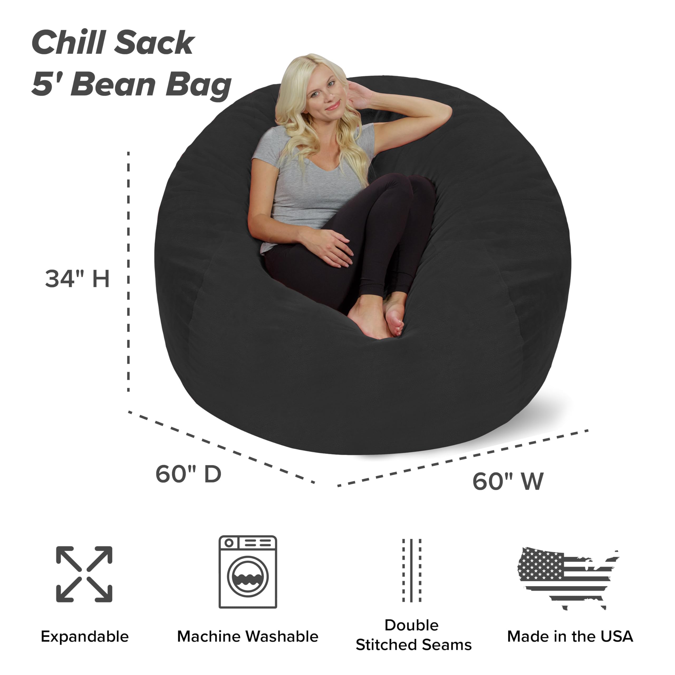 Chill Sack 5' Memory Foam Bean Bag Chair - Giant Soft Microfiber Sofa with Removable Cover - Dark Grey Pebble for Living Room, Game Room & Dorm Comfort