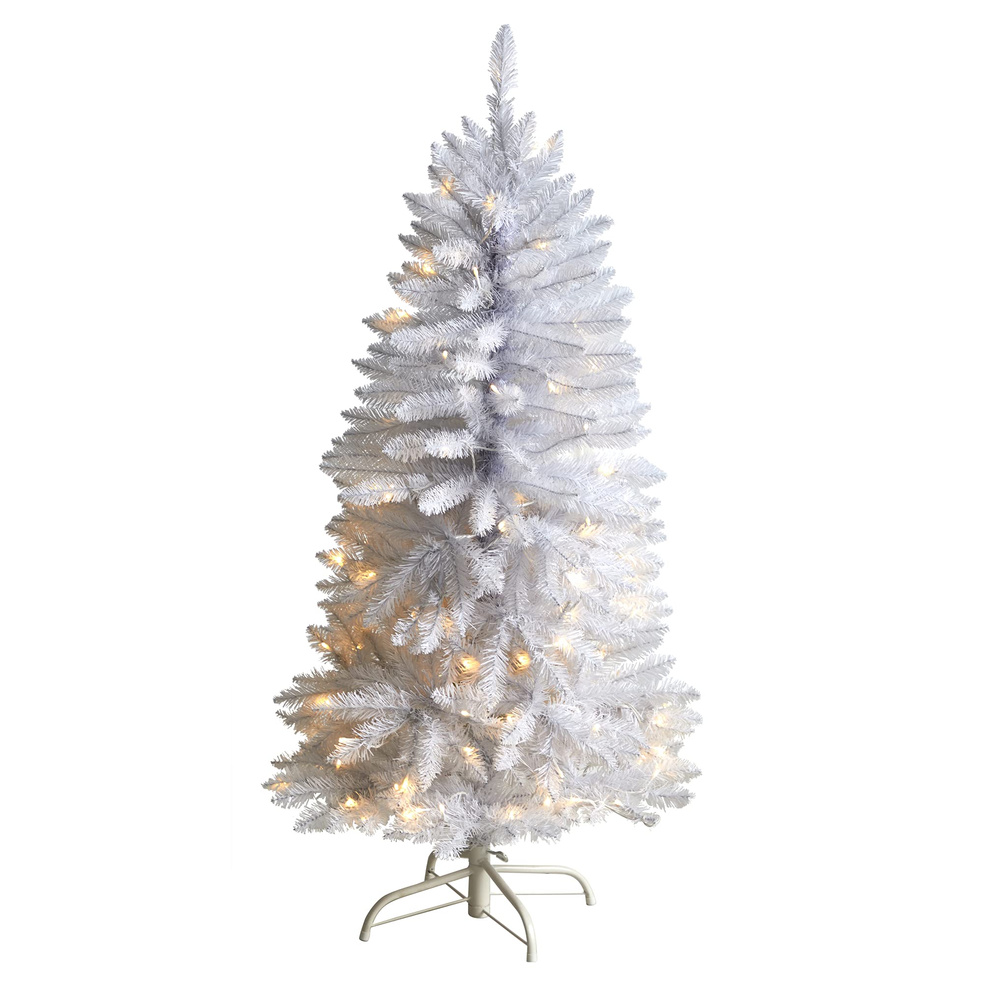 Nearly Natural 4ft Slim White Pre-Lit Artificial Christmas Tree with 100 Warm White LED Lights & 293 Bendable Branches - Perfect for Small Spaces, Apartments, and Holiday Office Decor