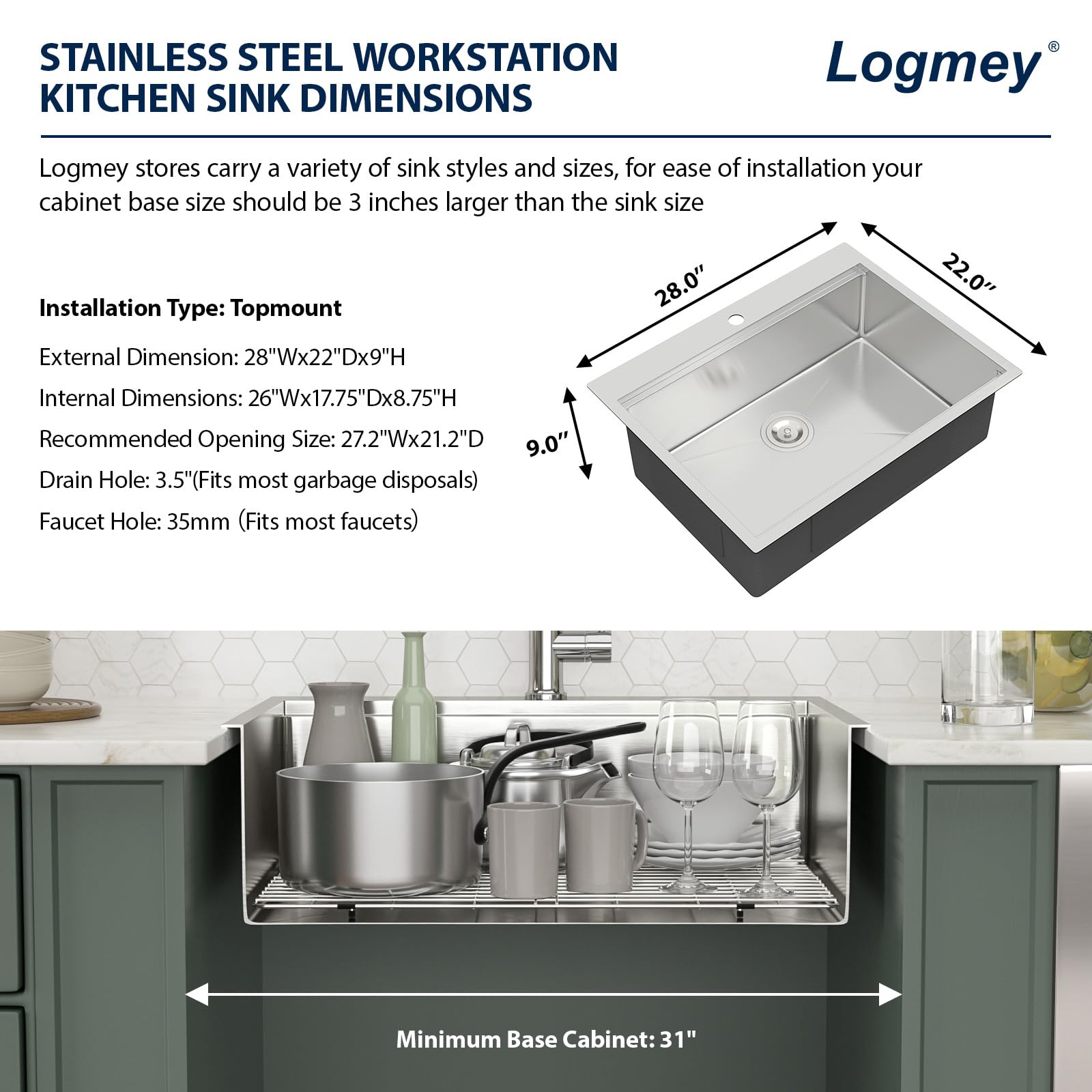 Logmey 28x22 Inch Stainless Steel Drop-In Kitchen Sink - 16 Gauge Single Bowl Topmount Sink with Ledge Workstation | Durable Overmount Sink for Food Prep, Dishwashing & Modern Kitchens (22x28x9 Inches)