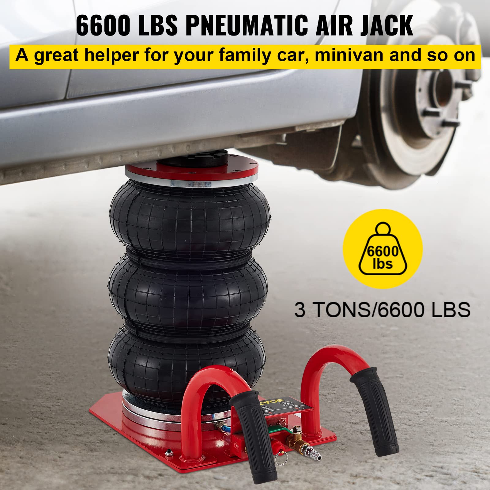 VEVOR 3 Ton (6600 lbs) Triple Bag Air Jack - 15.75 Inch Lift Height, Fast 3-5 Second Inflation - Compact Car Jack with Short Handle (Red) - Ideal for Emergency Roadside Repairs, Tire Changes & Vehicle Maintenance