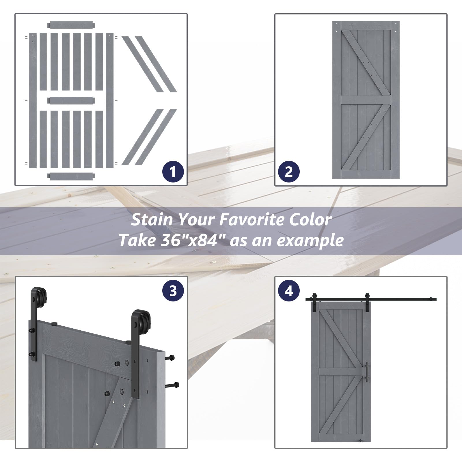 SMARTSTANDARD 36x84 Inch Sliding Barn Door Kit with 6.6ft Hardware & Handle - Unfinished Solid Spruce Wood Panel, Pre-Drilled K-Frame Design, Easy DIY Assembly (Grey) - Perfect for Bedroom, Closet, or Farmhouse Style Home Decor