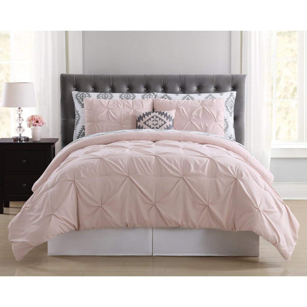 7-Piece Girls' White & Light Pink Pinch Pleated Comforter Set - Full Size Pintuck Diamond Tufted Bedding with Aztec Ikat Tribal Motif - Soft Microfiber Textured Pattern for Kids' Bedroom Decor & Cozy Sleep