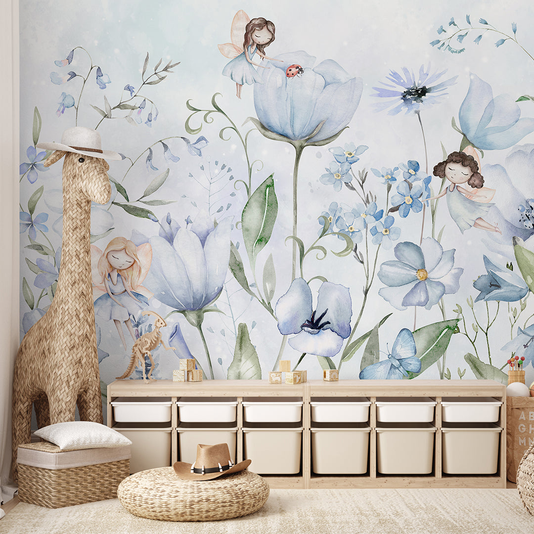 Beautiful Blue Flower Fairy Wall Mural SM054 - Self-Adhesive Peel and Stick Wallpaper for Kids Room, Nursery, Bedroom Decor