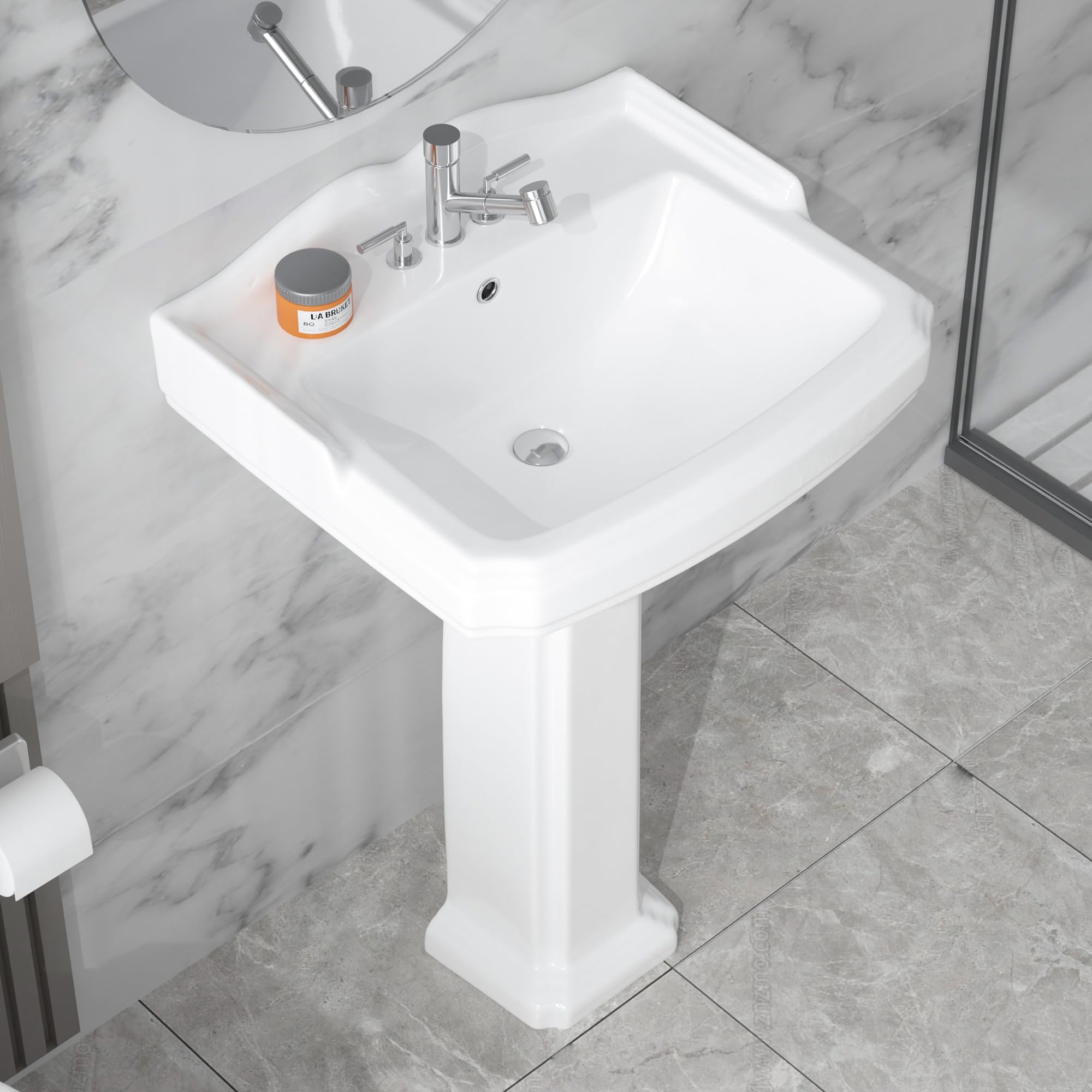 23 x 19 Inch White Porcelain Pedestal Sink with Backsplash - 3 Hole Faucet & Overflow Drain - Modern Rectangular Bathroom Vanity for Small Spaces - Perfect for Powder Rooms, Guest Baths & Apartment Renovations