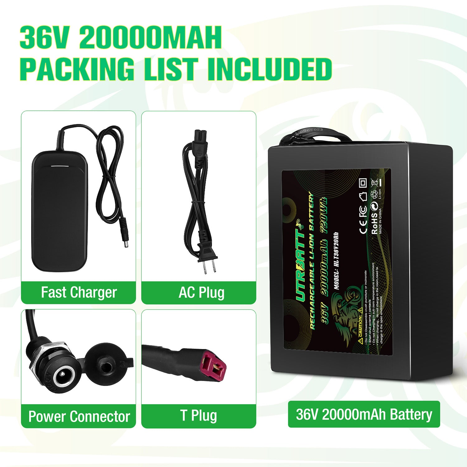 36V 20AH Lithium Ion Battery for Electric Bikes - Includes 42V 2A Fast Charger - Perfect for Commuting, Mountain Biking & Long Distance Rides