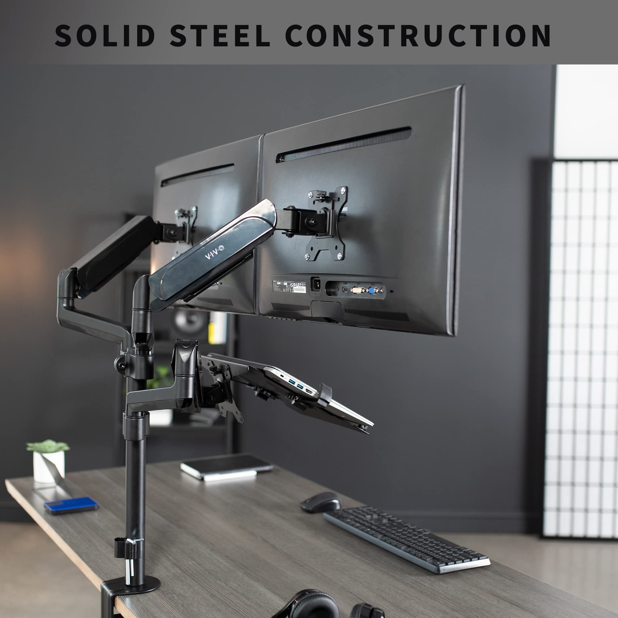 VIVO Dual Monitor and Laptop Mount Stand - Adjustable Pneumatic Arm for 17 to 32 inch Screens & 10 to 15.6 inch Notebooks, Includes Laptop Tray, C-Clamp and Grommet Base - Perfect for Home Office, Gaming Setup and Workspace Organization (Black, STAND-V003KL)