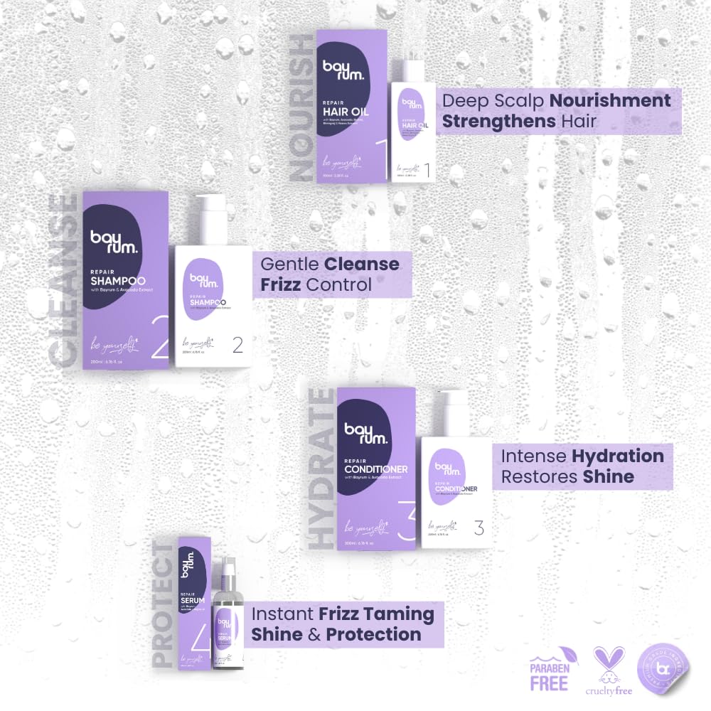 Bayrum Hair Care Combo for Dry and Frizzy Hair - 4-Step Repair Kit with Nourishing Oil, Shampoo, Conditioner & Serum | Damaged Hair Treatment for Women & Men | Shine & Strengthening Bundle (550ml) | Perfect for Daily Hair Care & Salon-Quality Results at Home