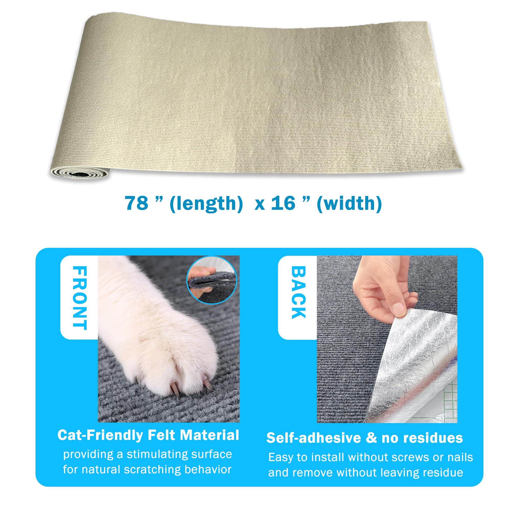 Self-Adhesive Cat Scratch Mat for Furniture Protection - 16 x 78 Inch Couch Protector Against Cat Claws Scratching (Beige) - Perfect for Sofas, Couches & Home Decor