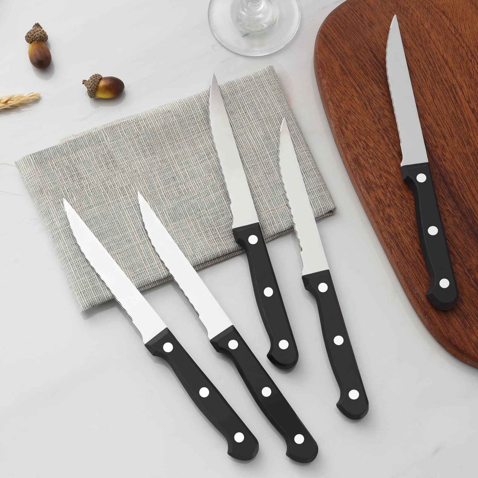 BEWOS 16-Piece Steak Knives Set - Triple Rivet Serrated Stainless Steel Blades (4.5