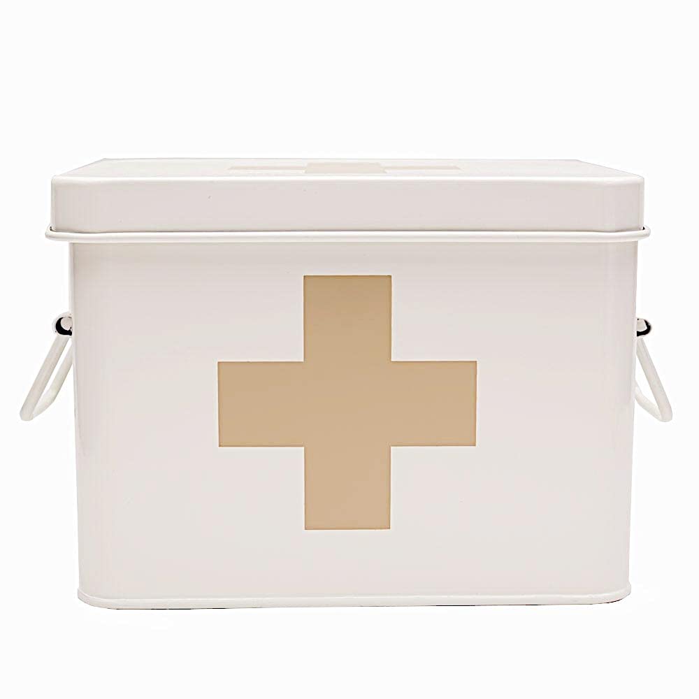 Vintage Style Enamel First Aid Kit Box with Removable Tray - Portable Medicine Storage Organizer for Home, Office & Travel - Perfect for Bathroom, Kitchen, Camping & Emergency Preparedness