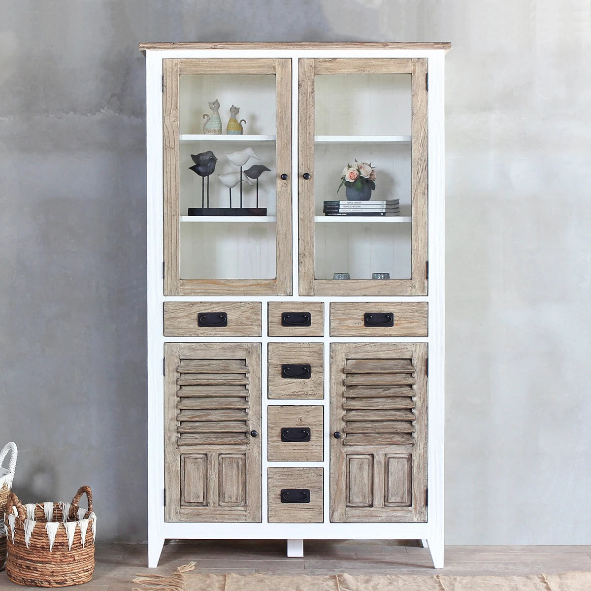 Handmade Indian Solid Mango Wood Cabinet with 4 Doors & 6 Drawers - Ethereal Whites Glass Display Storage for Living Room, Dining Room, or Bedroom