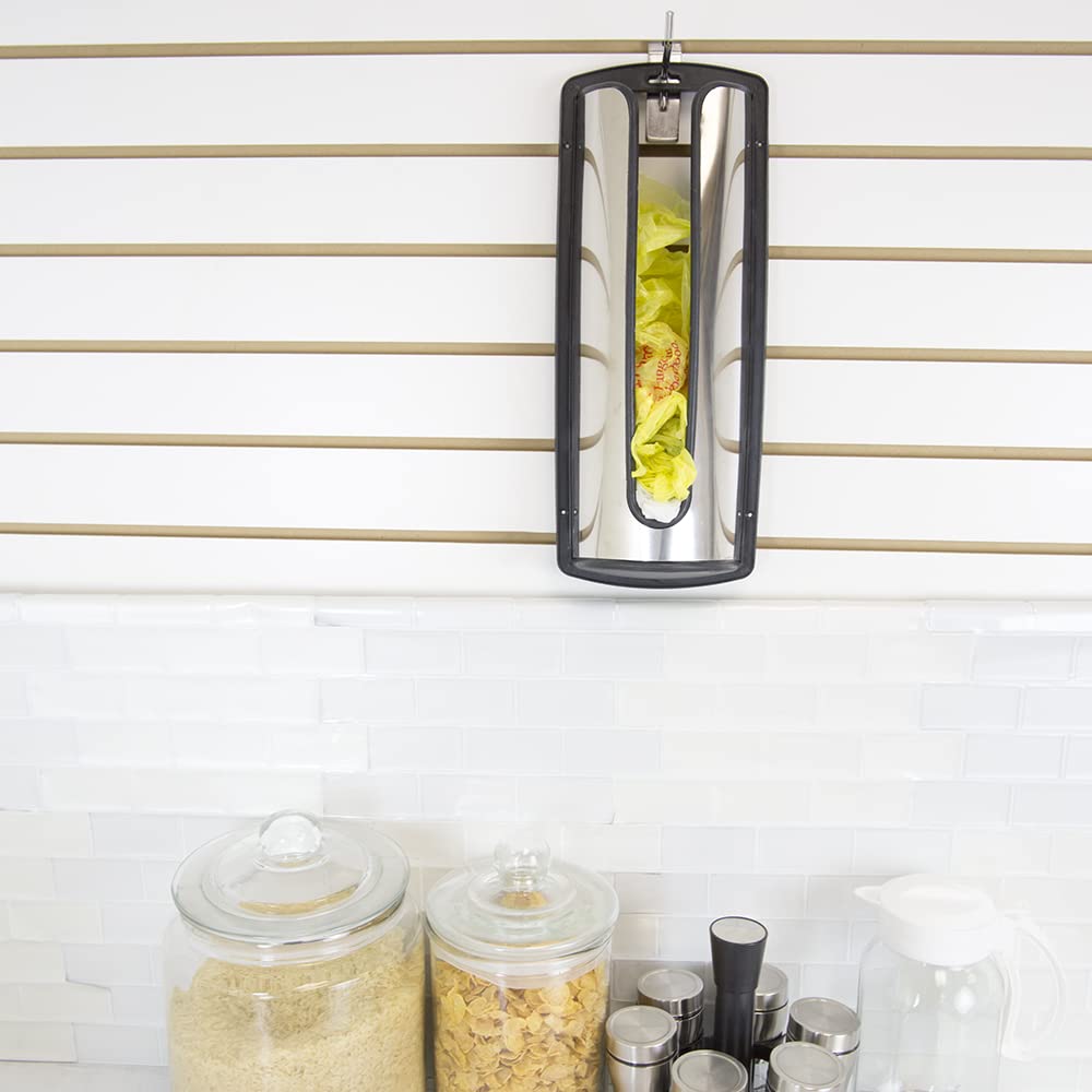 Home Basics Silver Wall-Mounted Plastic Bag Organizer Dispenser - Single Pack with Installation Hardware | Metal & Plastic Baggie Storage Solution | Perfect for Kitchen, Pantry, Garage & Laundry Room Organization