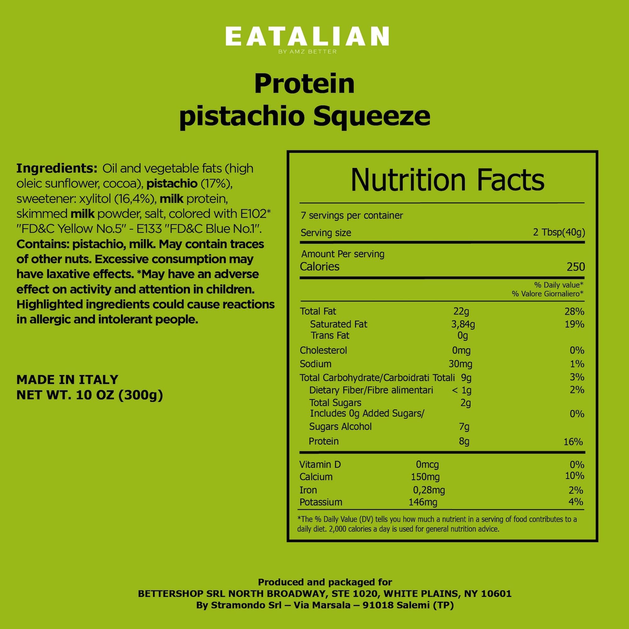 EATALIAN by AMZ BETTER Protein Pistachio Topping - Sweet Protein Cream in 10oz/300g Squeeze Bottle - Made in Italy - Perfect for Ice Cream, Cakes, Desserts & Coffee Toppings - Vegan & Gluten-Free