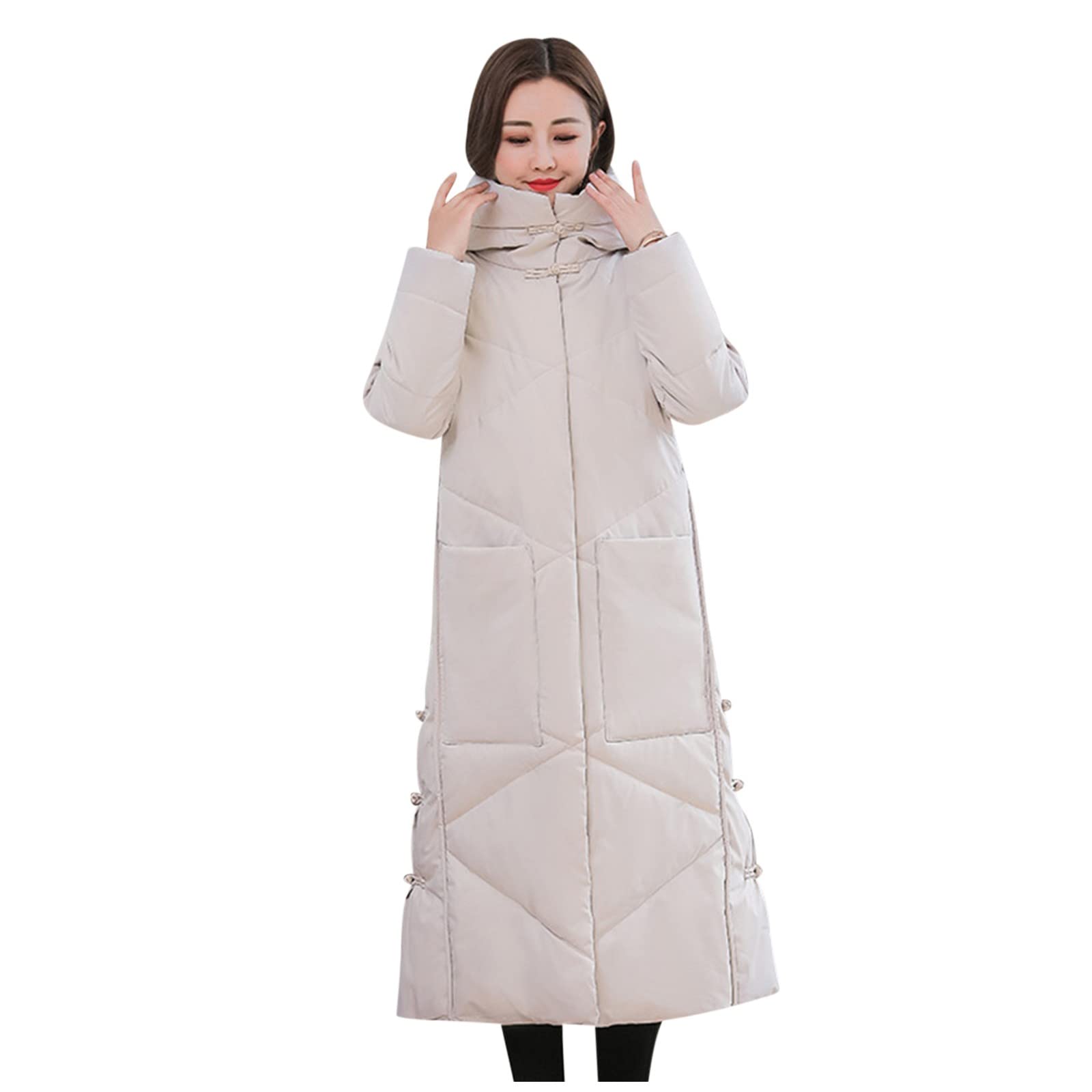 Plus Size Women's Thick Cotton Long Hooded Padded Jacket with Pockets - Warm Winter Coat for Outdoor Activities (2XL)