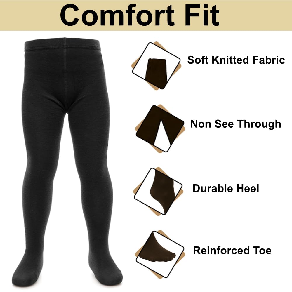 Purdashian Girls' Back to School Tights - 3 Pack Black or Grey Opaque Cotton Tights | Soft, Warm & Stretchy for School Uniforms | Perfect for Everyday Wear, Winter Layering & Dance Classes