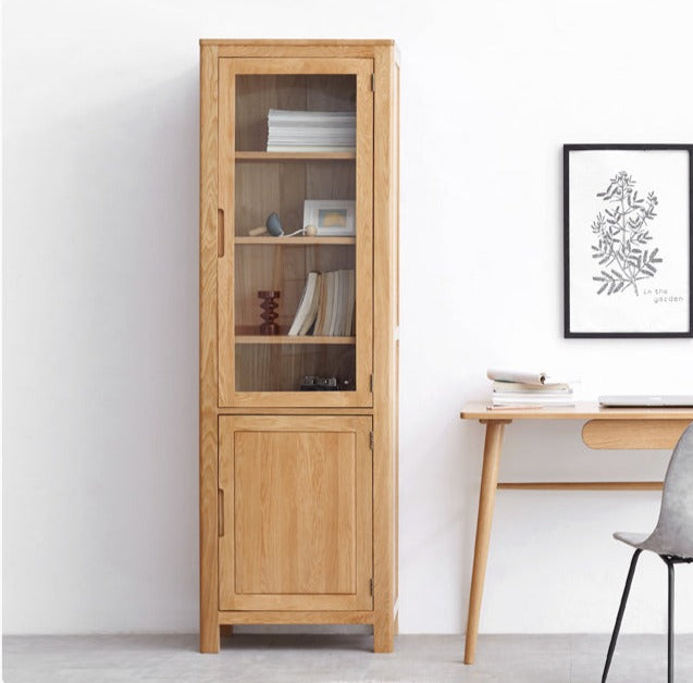 Solid Oak Wood Narrow Bookcase with Doors - Stylish Storage for Books, Decor & Small Spaces | Perfect for Living Room, Office or Bedroom Organization