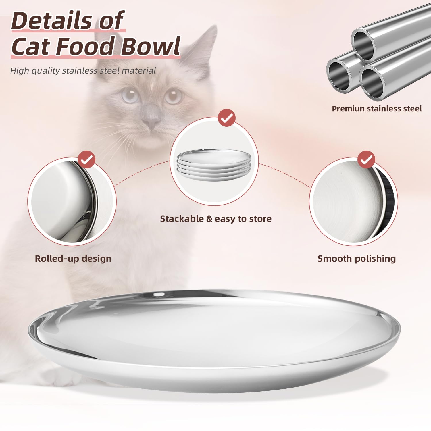 12-Piece Stainless Steel Cat Food Bowls Set - 6.7 Inch Small Shallow Wet Food Dishes for Kittens, Ferrets & Stray Cats - Durable Pet Feeding Bowls for Home, Travel & Outdoor Use