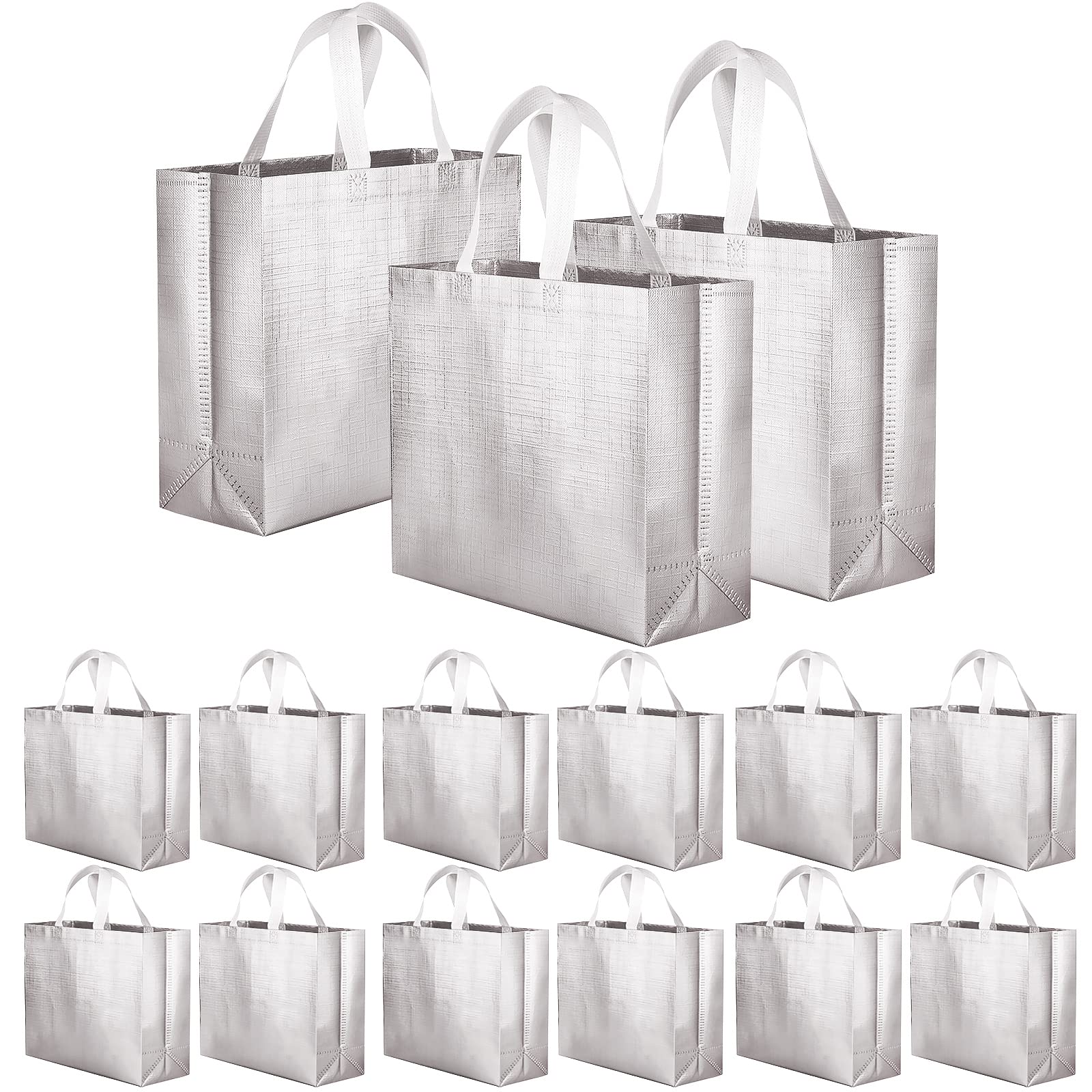 Eco-Friendly 15 Pack Non-Woven Reusable Tote Bags - Glossy Silver Shopping Bags with Handles for Groceries, Parties, Weddings & Gifts | Stylish & Durable for Everyday Use, Beach Trips & Retail Stores