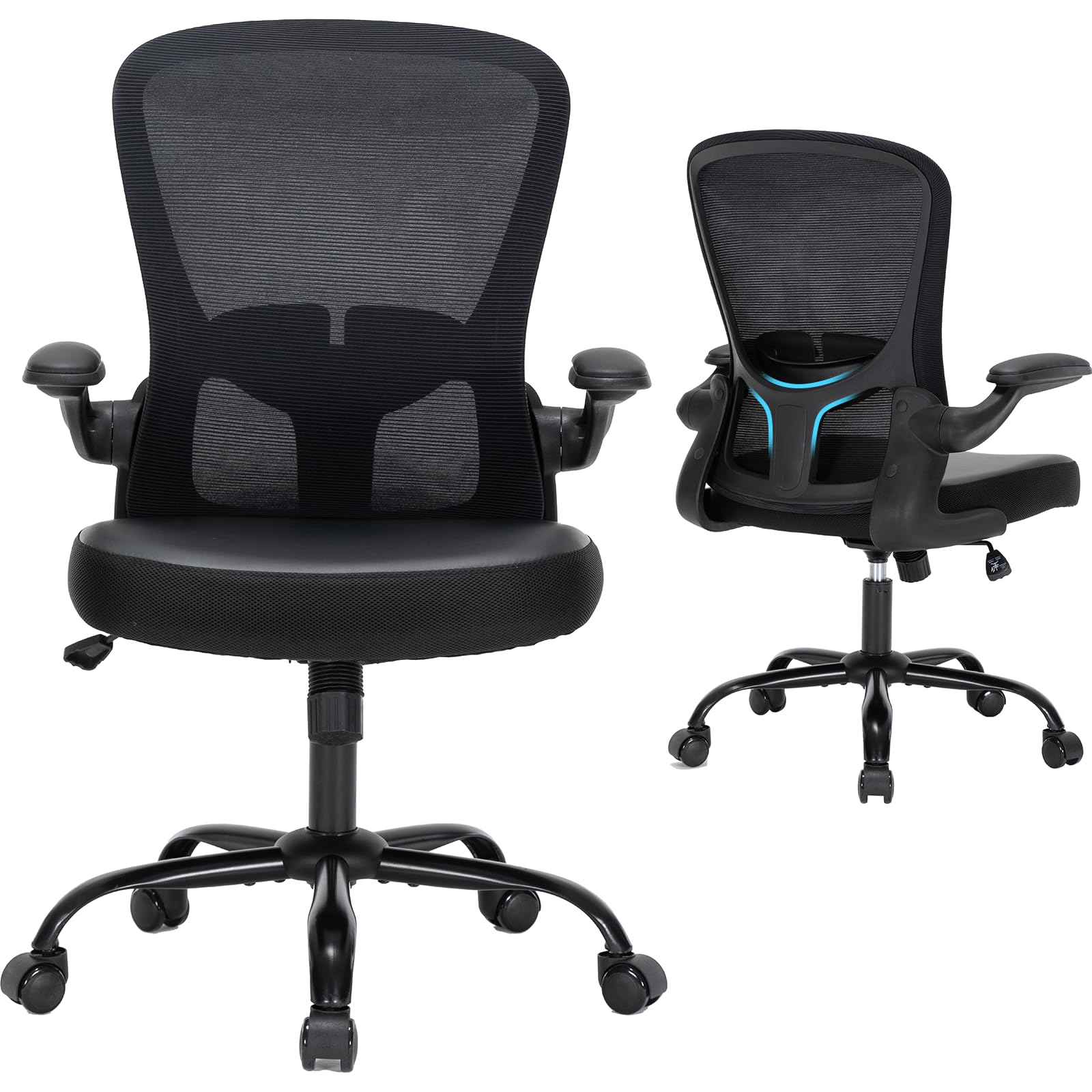Ergonomic Office Chair with PU Leather Cushion, Adjustable Lumbar Support & Flip-Up Arms - Comfortable Computer Desk Chair for Home Office, Gaming & Workspace