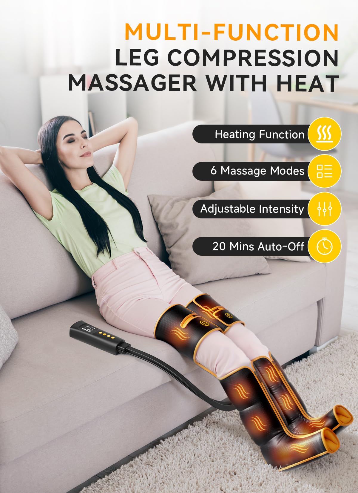 Leg Massager with Heat & Compression - Foot, Calf & Thigh Massager for Circulation & Pain Relief - 3 Intensity Levels & 6 Massage Modes with Handheld Controller - FSA/HSA Eligible - Perfect for Relaxation After Workouts, Long Flights & Office Work