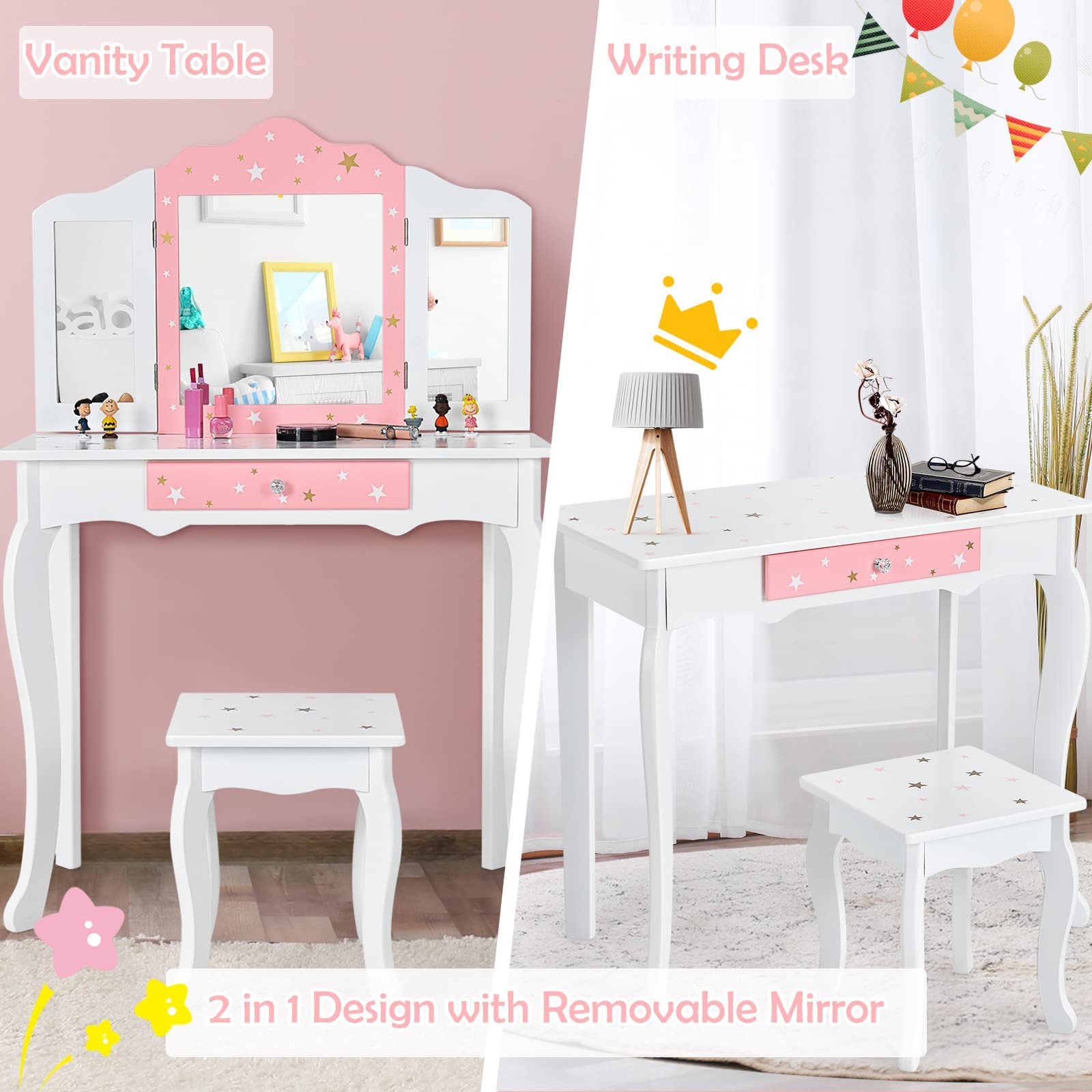 HONEY JOY Kids Vanity Set - Wooden Princess Makeup Dressing Table with Stool, Drawer & Tri-Folding Mirror | Detachable Top for Easy Storage | Pretend Play Toy for Little Girls (White) | Perfect for Bedroom, Playroom & Birthday Gifts