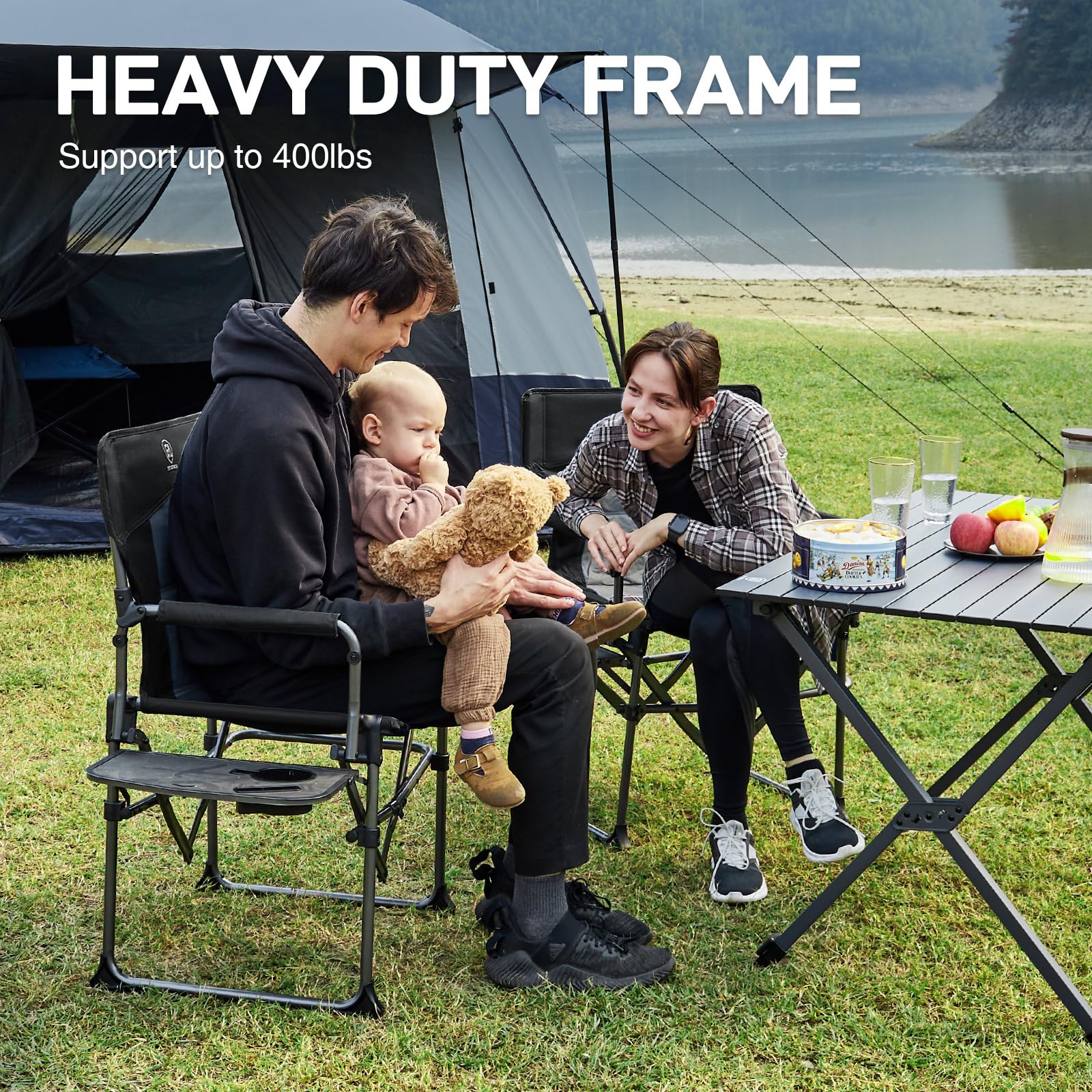 EVER ADVANCED Heavy Duty Folding Camping Chair with Side Table - Portable Compact Lawn Chair for Outdoor Camping, Fishing, Sports & Picnics - 400lbs Capacity Black - Perfect for Backyard, Beach & Tailgating