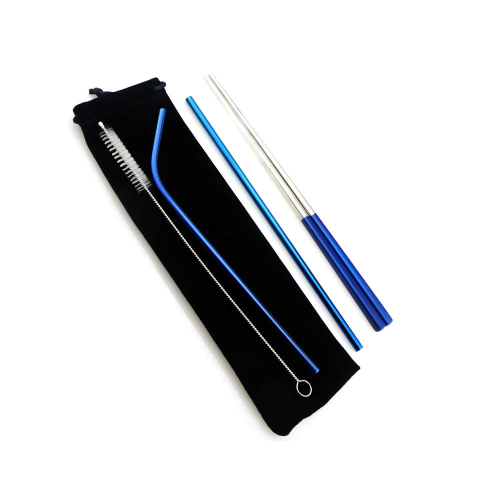 Eco-Friendly Blue Reusable Utensil Set with Travel Case - Stainless Steel Camping Cutlery Kit (Knife, Fork, Spoon, Straw & Chopsticks) - Matte Finish Flatware for Outdoor Picnics, Office Lunches, Hiking & School Meals - Perfect for Camping, Travel & Sustainable Dining