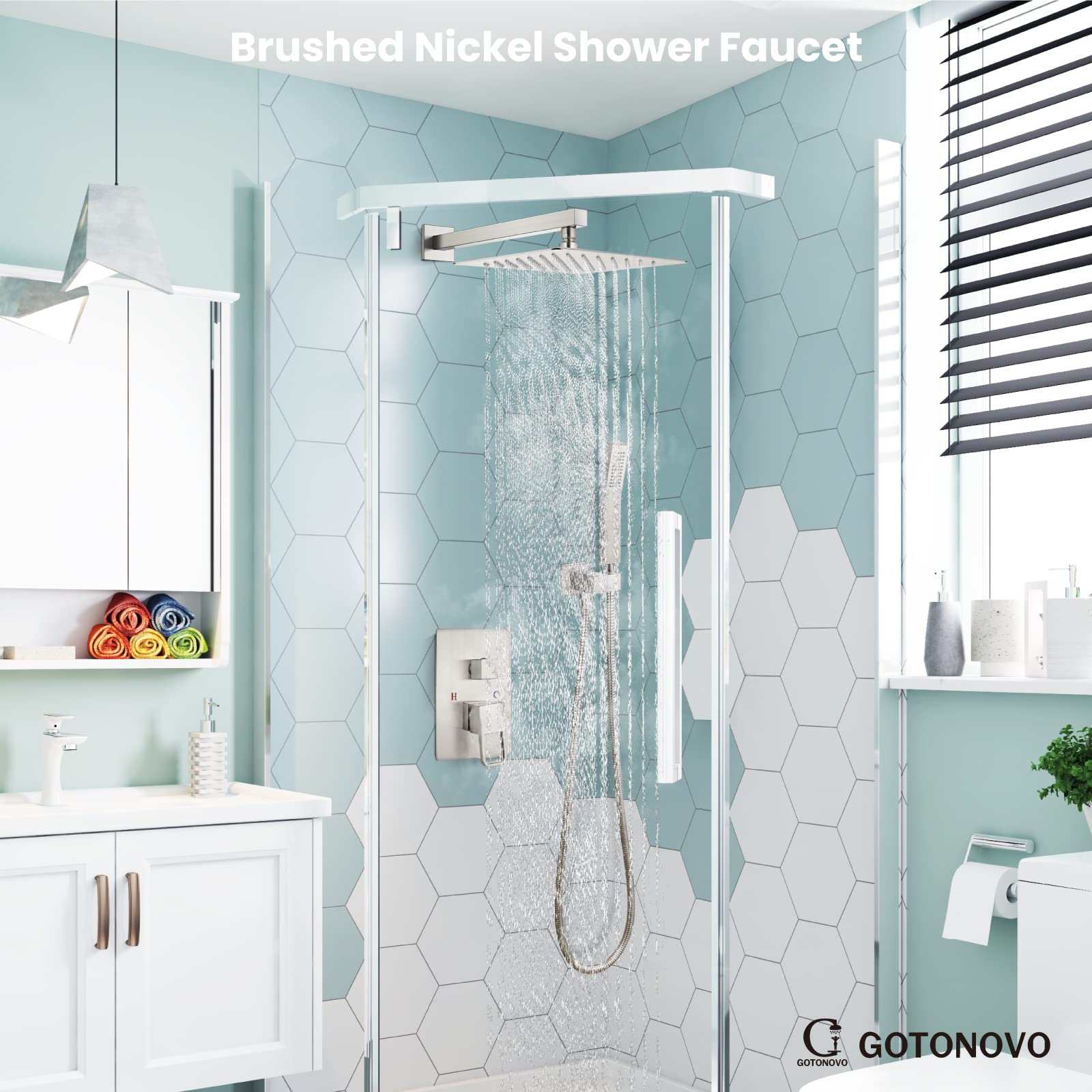 Gotonovo Brushed Nickel Rainfall Shower System Set - 10 Inch Shower Head with Handheld Spray, Wall Mount Mixer Valve & Trim Kit for Modern Bathroom | Perfect for Spa-Like Experience and Luxury Home Renovation