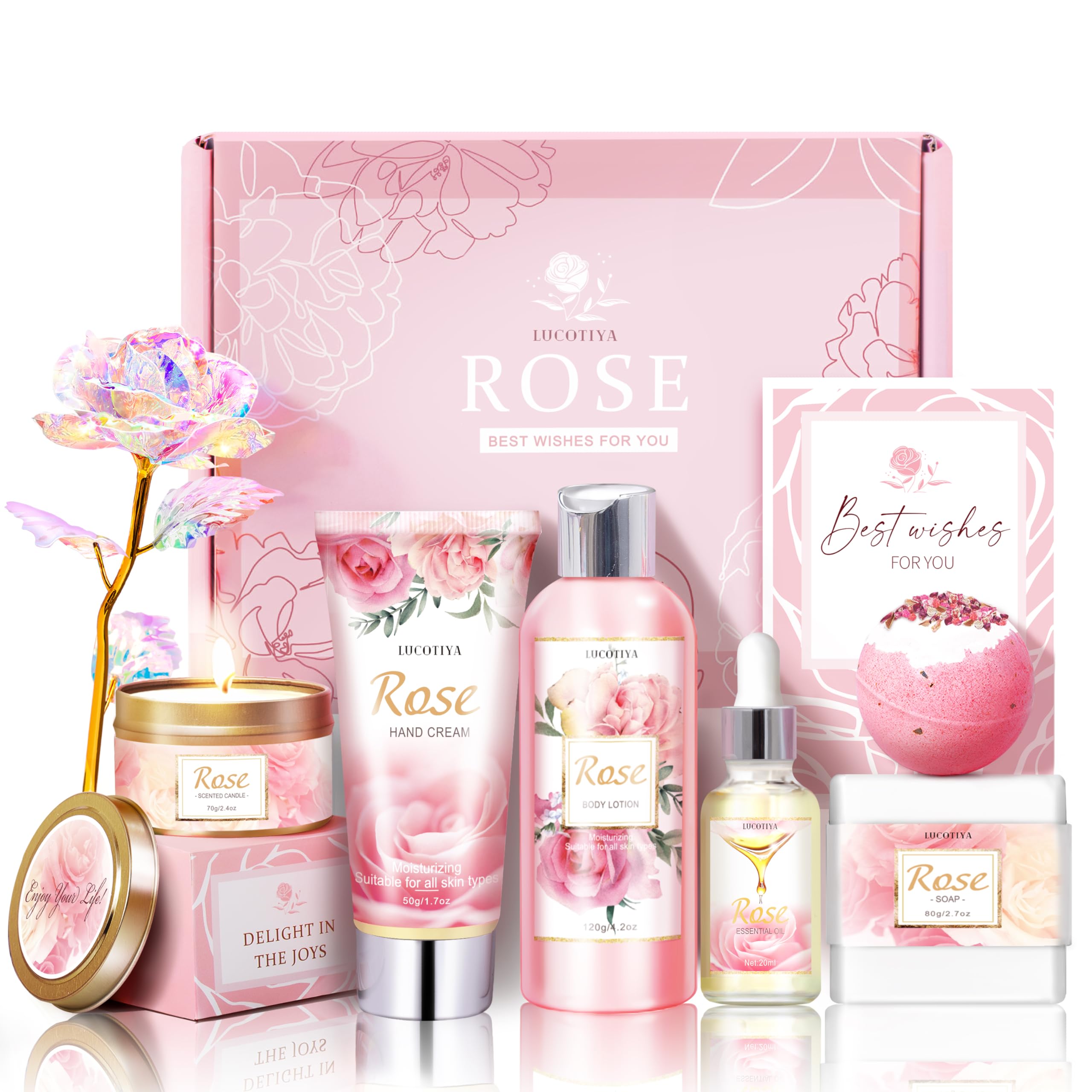 LUCOTIYA Spa Gift Basket for Women - Rose Scented Bubble Bath Set, Birthday Gifts for Mom, Teacher, Sister | Relaxing Self-Care & Romantic Bath Time